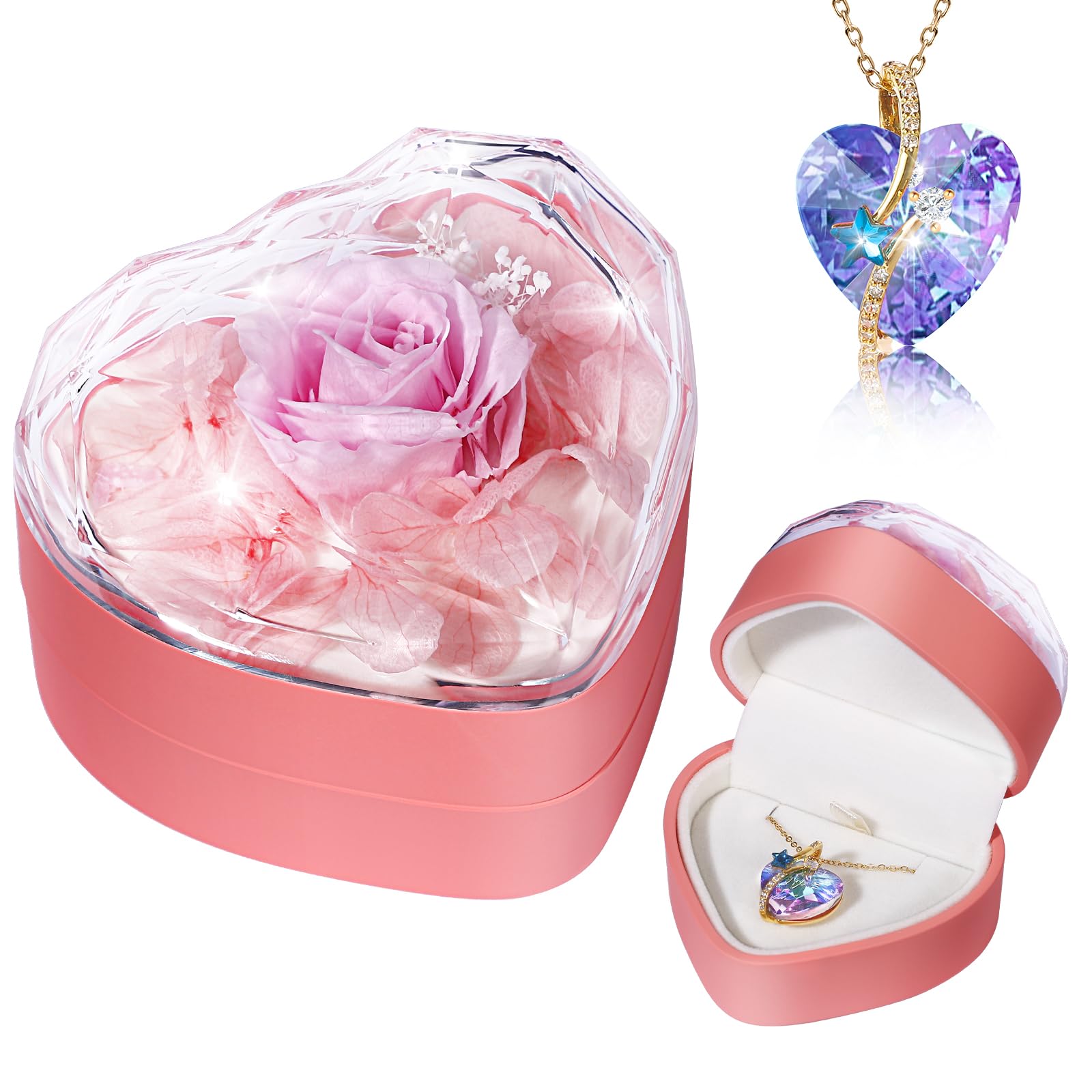 Cadeau Femme : Rose Éternelle + Collier Cœur En Cristal Dans Boîte Cadeau - Pour Anniversaire, Saint-Valentin, Fête Des Mères