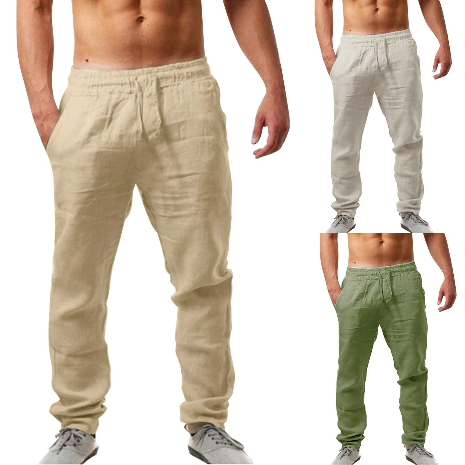 Pantalon cargo en lin stretch pour homme - Jambes larges - Respirant - Pantalon d'été - Taille élastique - Pantalon fonctionnel - Pantalon de voyage