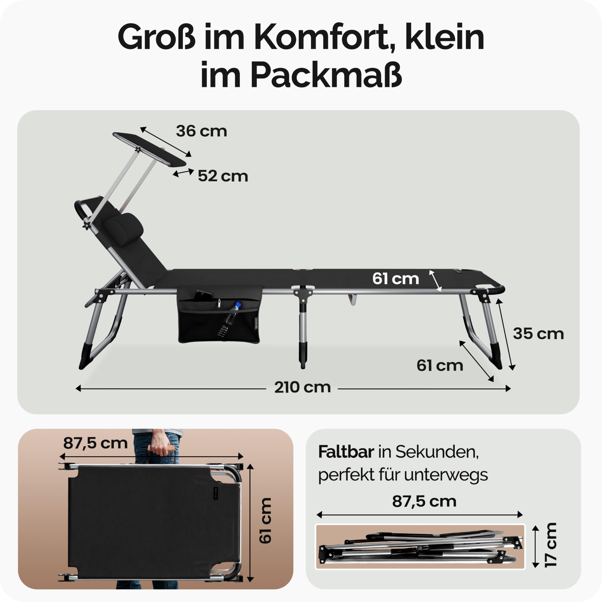 Casaria 2X Sonnenliege Klappbar mit Sonnendach Grau | 210x61cm, Wetterfest, Aluminium, Garten, Terrasse, 180 kg belastbar, Liegestuhl, inkl. Kissen, Seitentasche, Strandliege