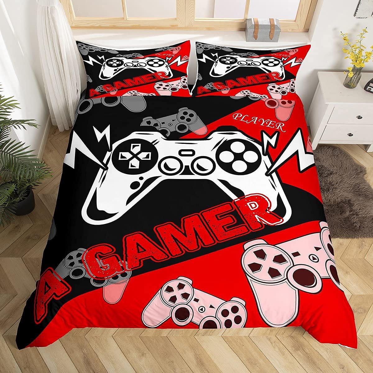 HomewishGamer Duvet Cover For Boys&girls Double,Gaming Bedding Set Kids Teens Youth Room Decor Video Game Comforter Cover,Reversible Red Black Gamepad Quilt Aesthetic Bed 2 Pillow Cases, Multi 17OEKO-TEX STANDARD 100