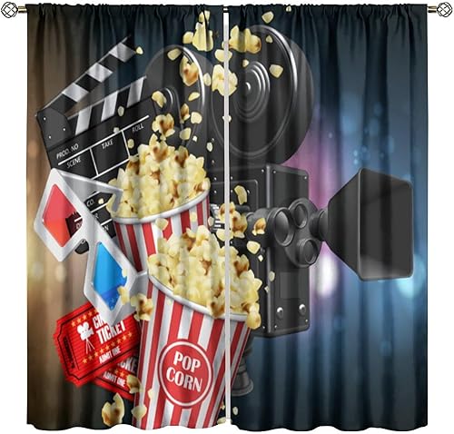 Miniatura 20 de Cortinas opacas para cine en casa, diseño retro moderno, tiras de película de palomitas de maíz para cámara de película, bolsillo para barra,