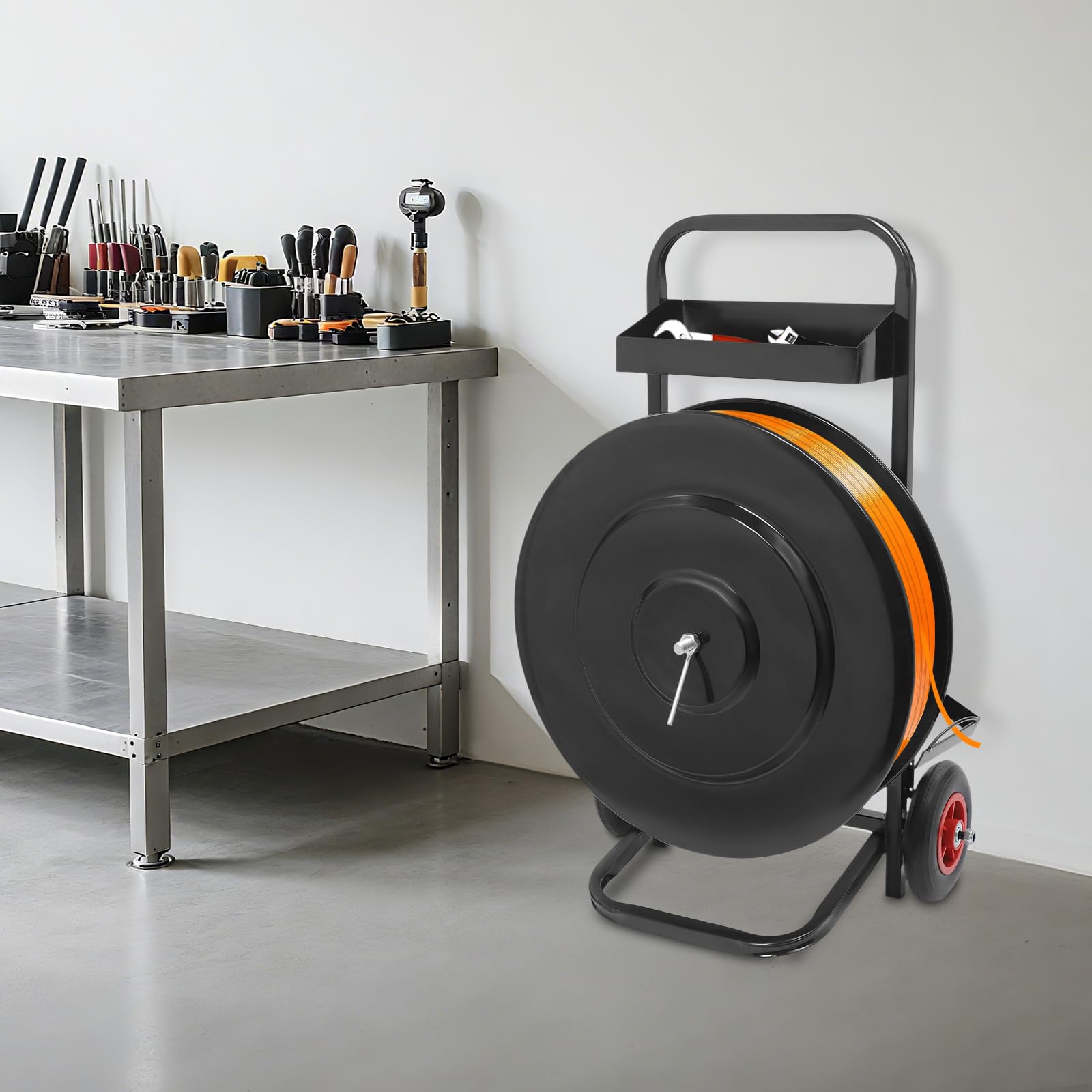 Carrello per reggette pesanti | Dispenser portatile per 80 kg di portata e compatibile con ruote da 200/400 mm | Robusto carrello per reggiatura in magazzino e officina