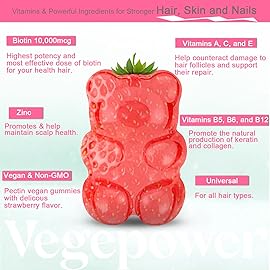 Biotin Gummies 10000mcg Supplements - with Vitamin C, A, D, B-Complex, Folate, Zinc for Women & Girls- Vegan Biotin Hair Growth Gummy for Healthy Hair and Nails, Non-GMO, Strawberry, 120 Bear