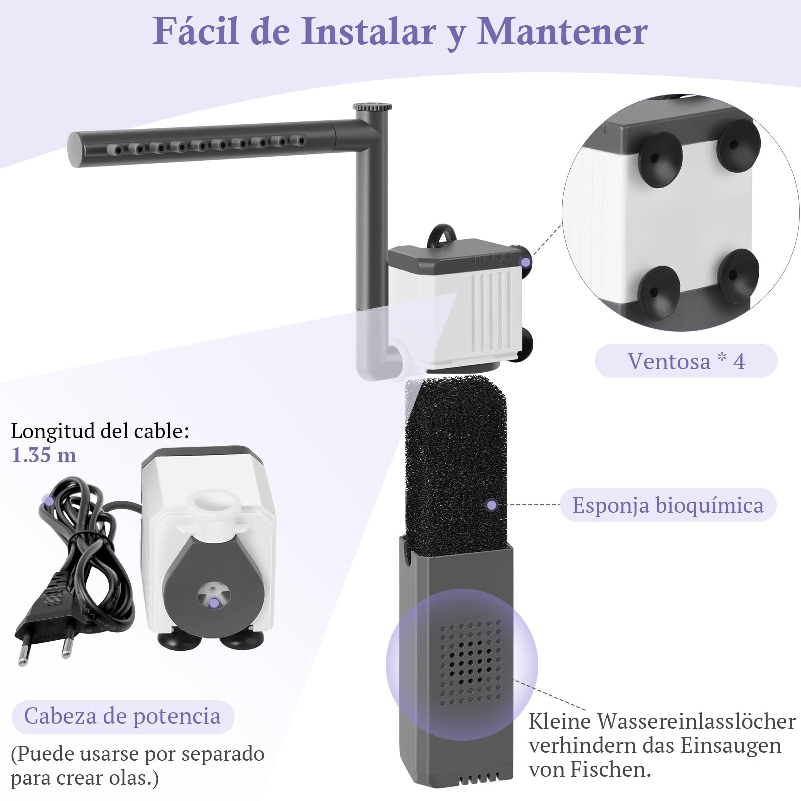 FEDOUR 8W 400LPH Filtro de Acuario Ultrapotente para Pecera de 15-70L, Filtro de Pecera Ajustable 3 en 1 con Esponja Bioquímica, Filtros para Acuario Sumergibles Internos para Tortuga/Gamba/Cría — view 7