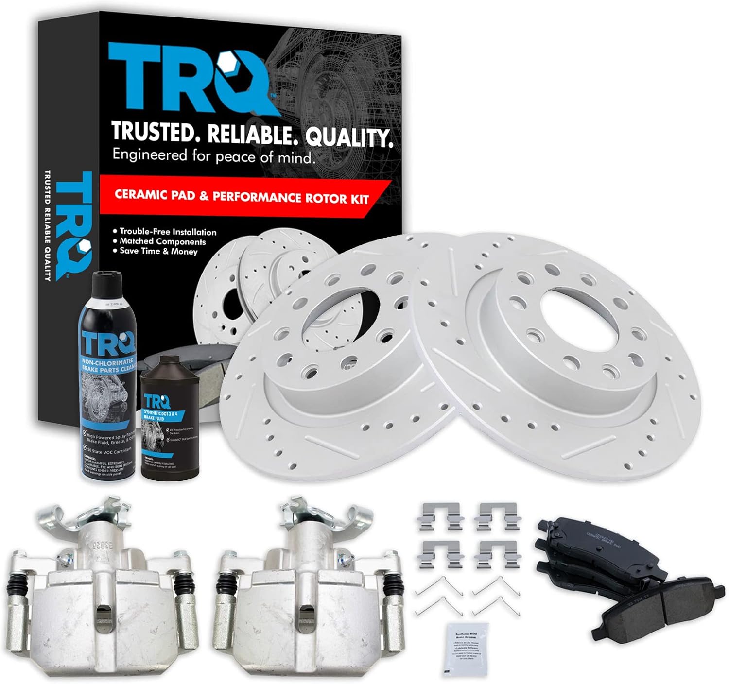 TRQ Rear Performance Brake Pad & Rotor Kit Brake Caliper Brake Chemical Kit Brake Pads Brake Rotors Set Ceramic Premium G-Coated Compatible with 2013-2016 Dodge Dart