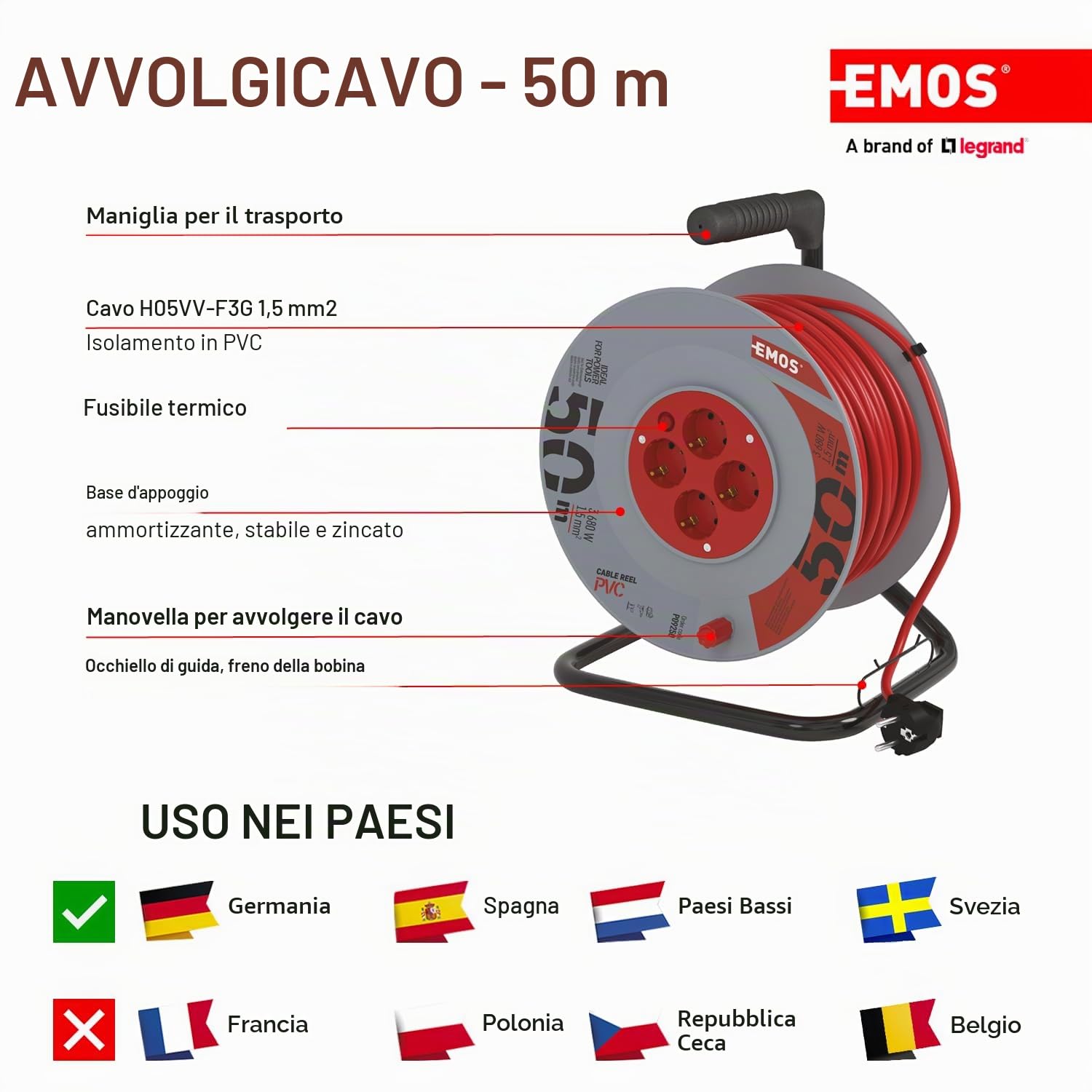 EMOS - Avvolgicavo 50 m - 4 prese Schuko - 230 V, 16 A, 3680 W - Isolamento in PVC di alta qualità - H05VV-F3G 1,5 mm2 - Protezione contro il surriscaldamento - IP20 per interni