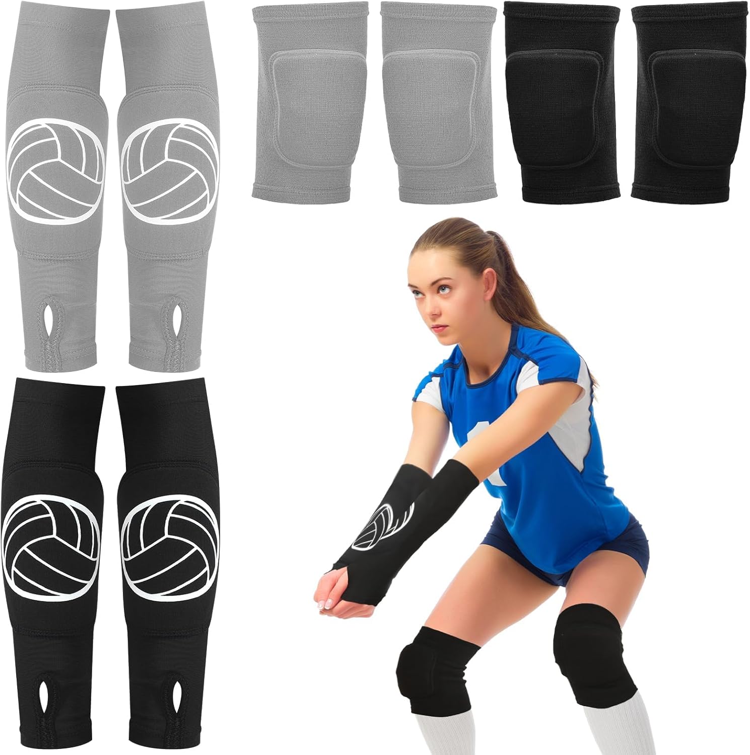 Sosation 2 Set Volleyball Knee Pads and Volleyball Arm Sleeves with Protection Pad Compression Forearm Wrist Guard with Thumb Hole Soft Breathable for Hitting Passing
