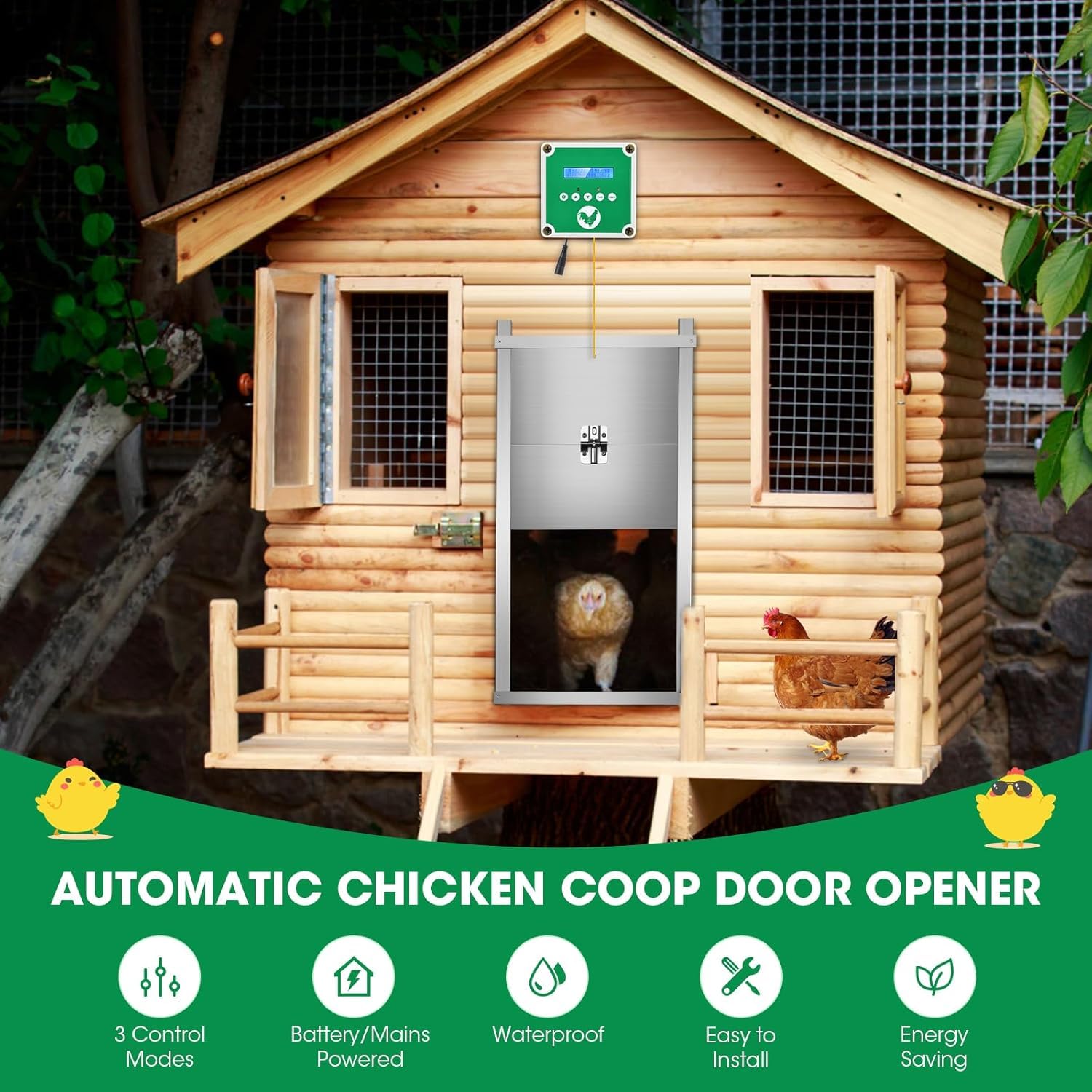 Casetta automatica pollaio, sportello elettrico per pollo, apriporta pollaio con timer e 2 telecomandi, casetta elettrica per proteggere i polli verde (non contiene porta)