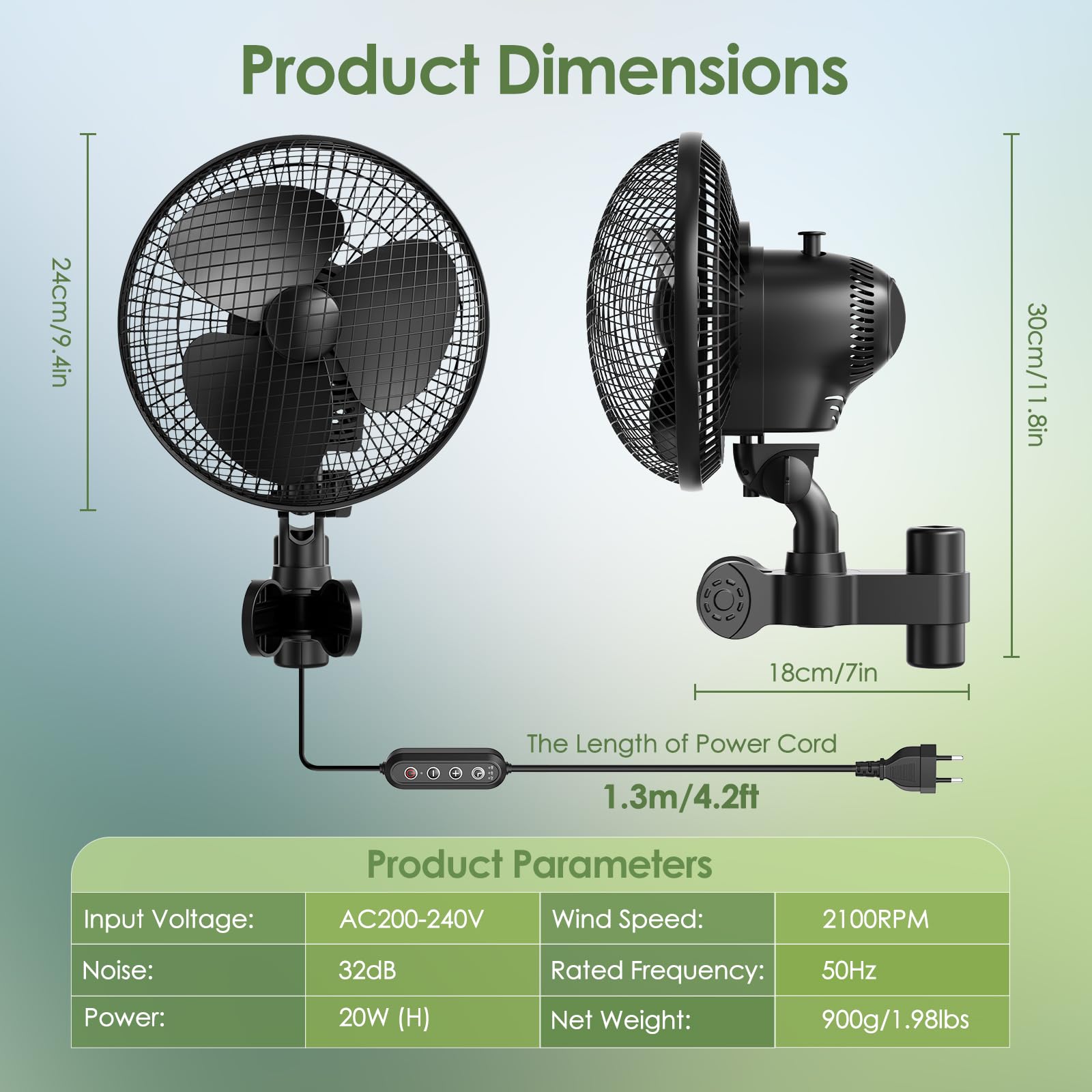 Lot de 2 ventilateurs à pince avec oscillation double, 315 CFM, 2 vitesses, 32dB, inclinaison verticale 120°+oscillation horizontale 90°, minuterie 2/4/8H, Pour tente de culture, serre, maison, bureau