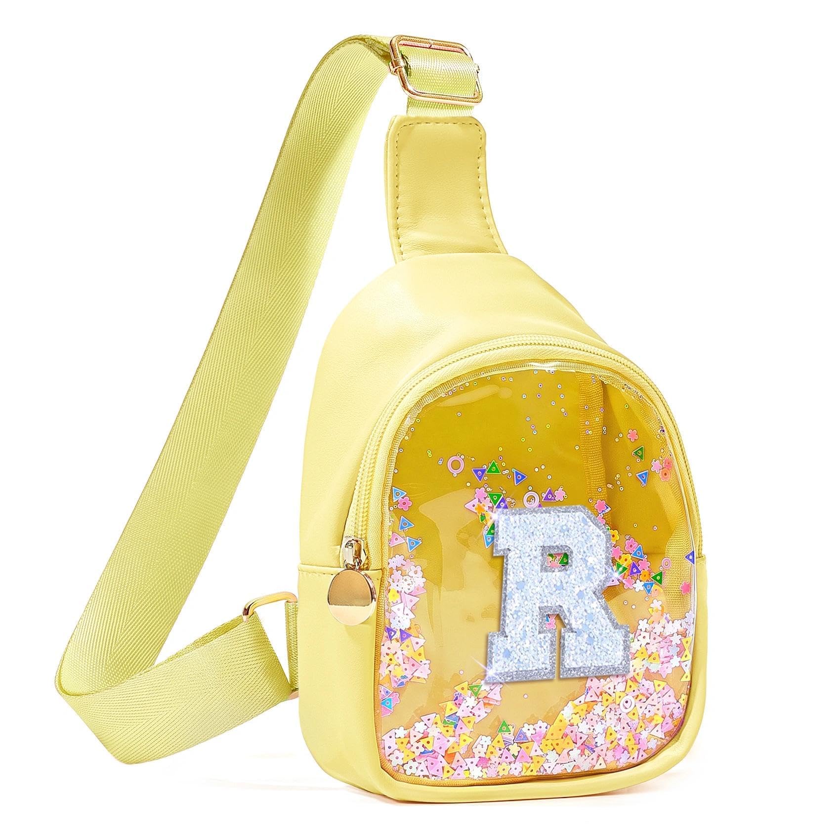 COSHAYSOO Personalized Christmas Birthday Gifts Burr Basket Stuffers for Girls Yellow Purse Sling Bag Crossbody Girl Cute Funny Cool Mini Travel Fashion Accessories Monogrammed Initial Letter R