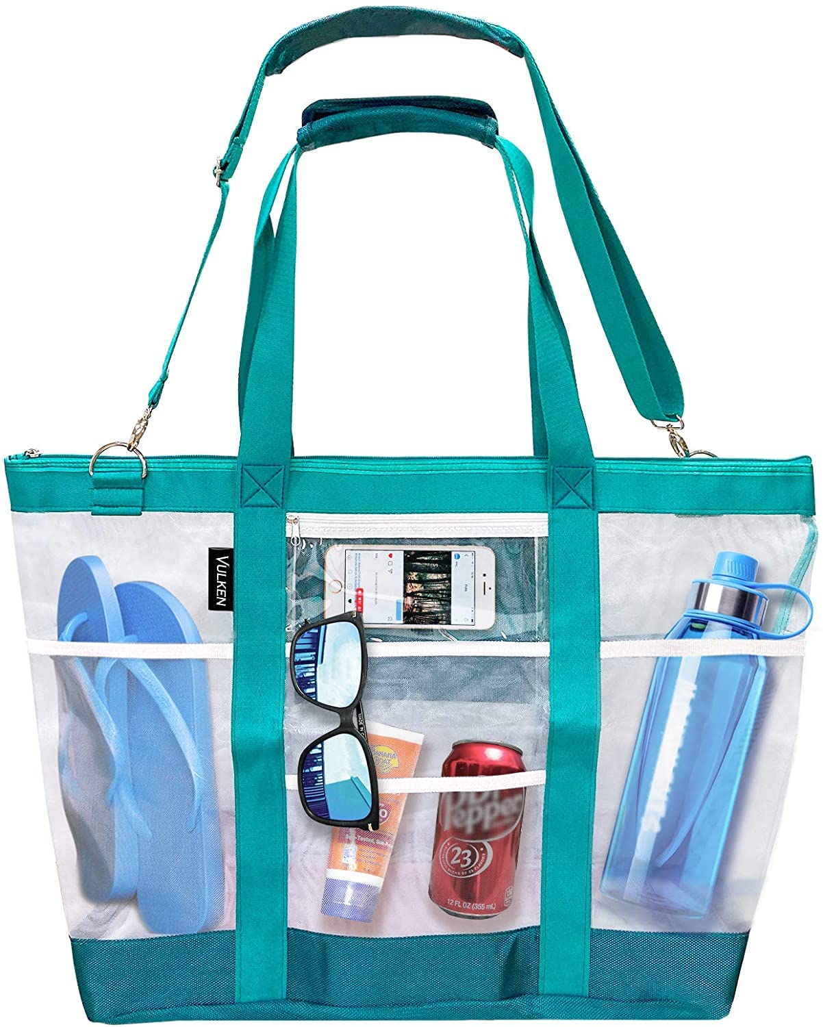 Vulken42L Extra Large Mesh Beach Bag. 9 Pockets Top Zip Tote Bag Shoulder Bag