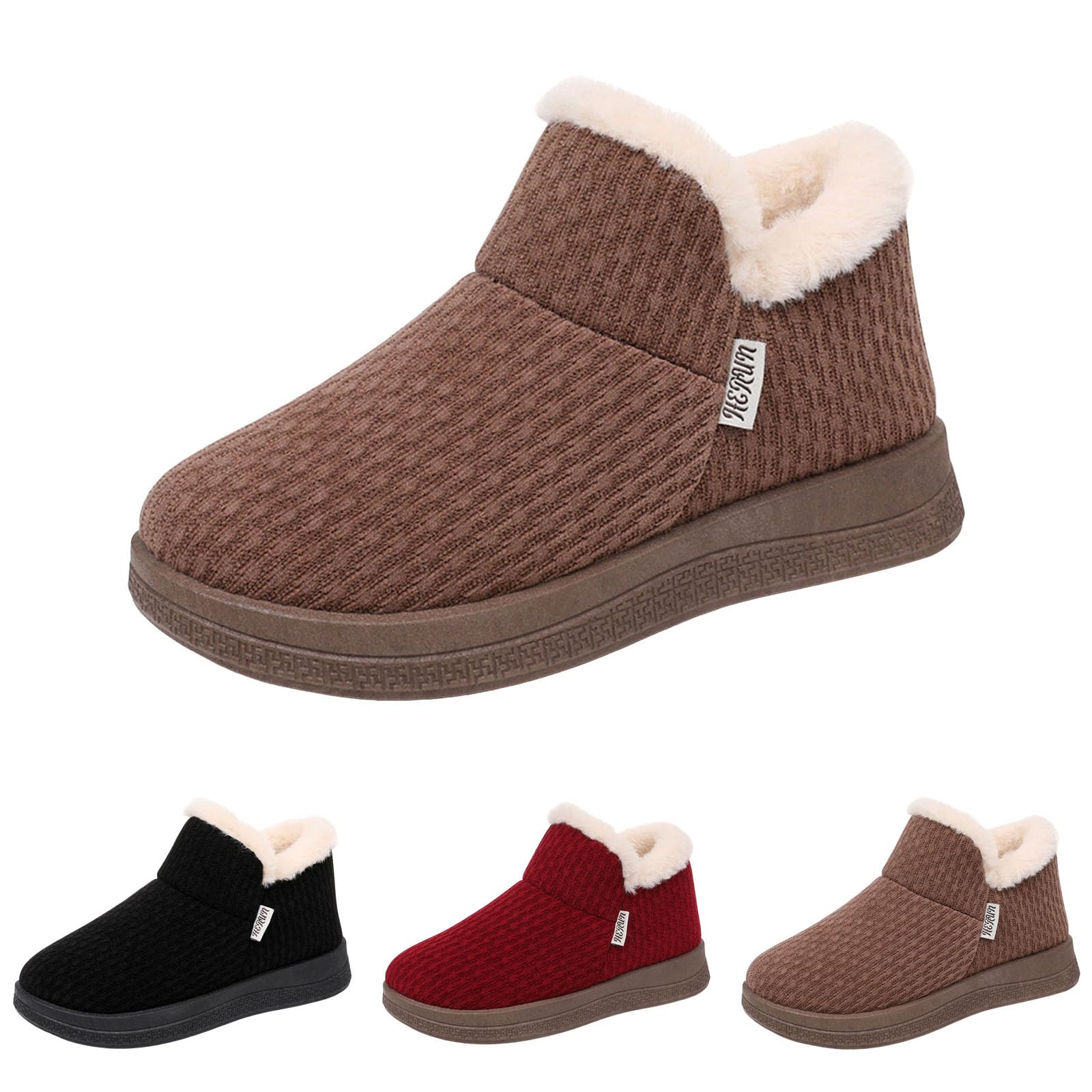 Womens Fuzzy Winter Bootie Slippers Knitted Ankle Boots Slippers Warm Memory Foam House Shoes Outdoor Indoor Plush Lining
