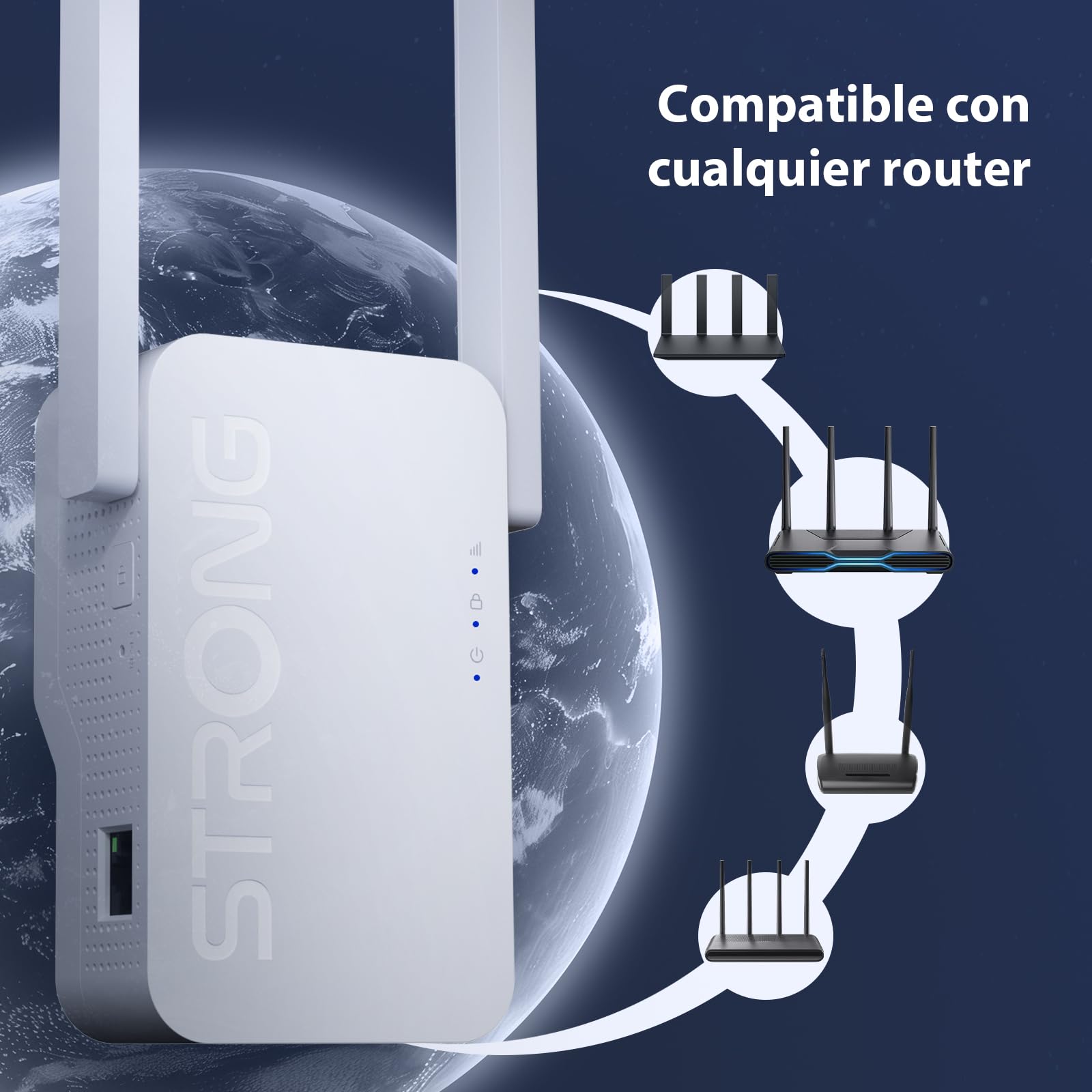 STRONG Repetidor WiFi 7 BE3600, Amplificador WiFi Doble Banda | 3600 Mbps, WiFi 7, MLO, Doble Banda, Repetidor WiFi, Puerto Gigabit, 2 antenas externas, Punto de Acceso
