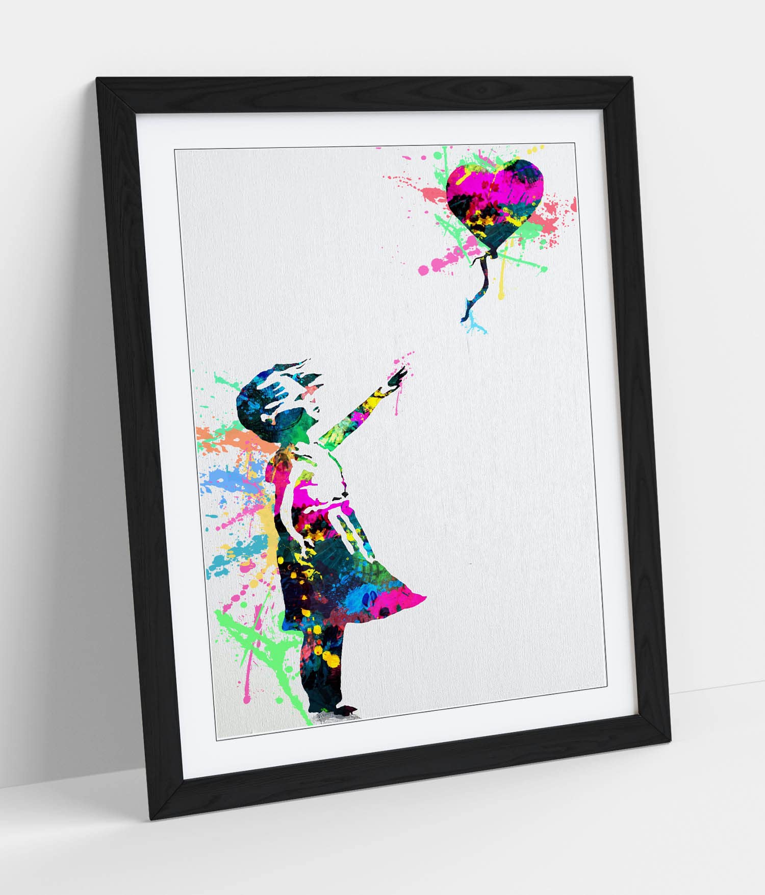 Canvasartshop Girls Oak -Banksy Balloon Inspired Multicolour Splash Art- Premium Wall Art Framed Picture Prints - 3 Colours - 4 Sizes (, A2)