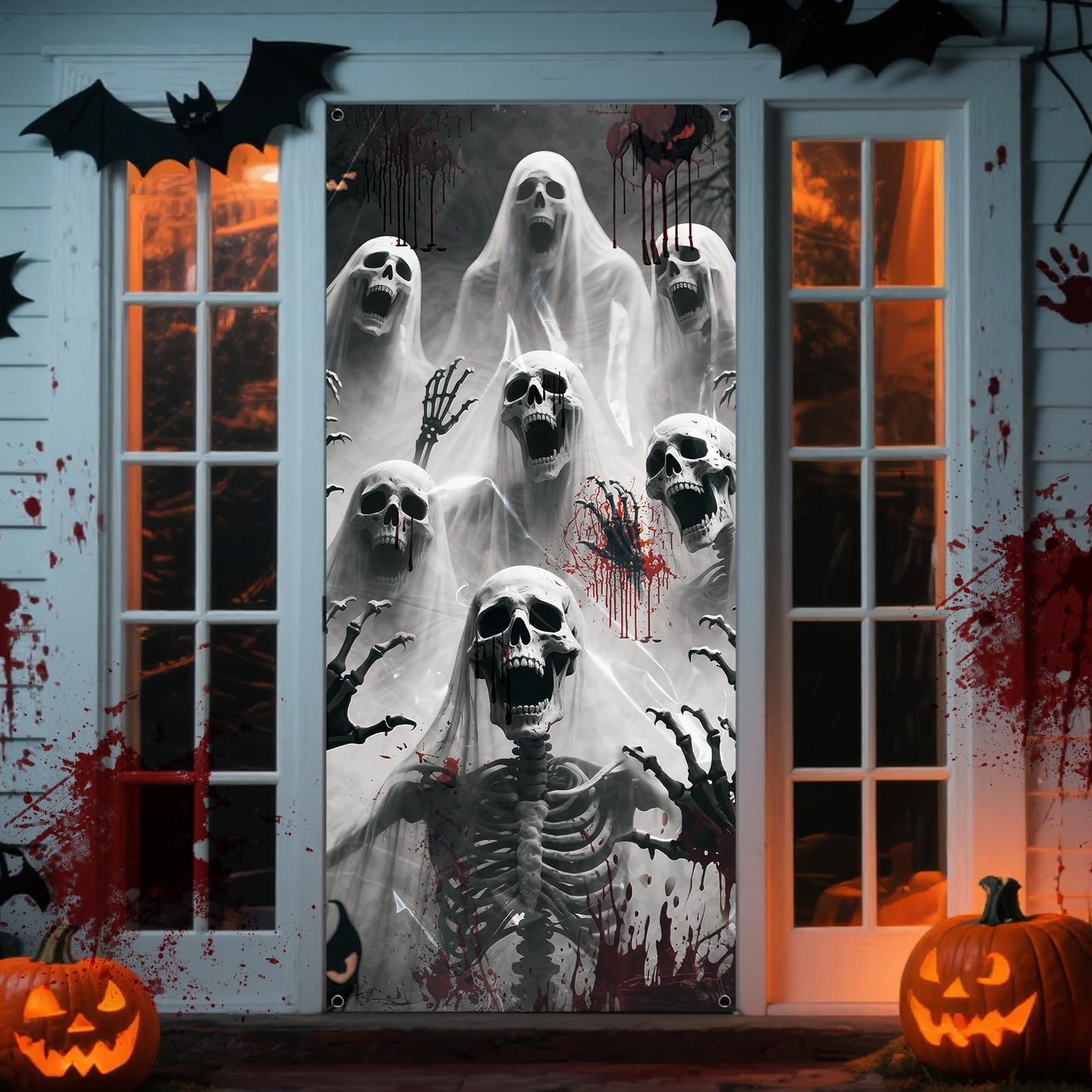 Qylazune Green Halloween Door Decorations Horror Scary Ghost Front Door Cover 180X90cm