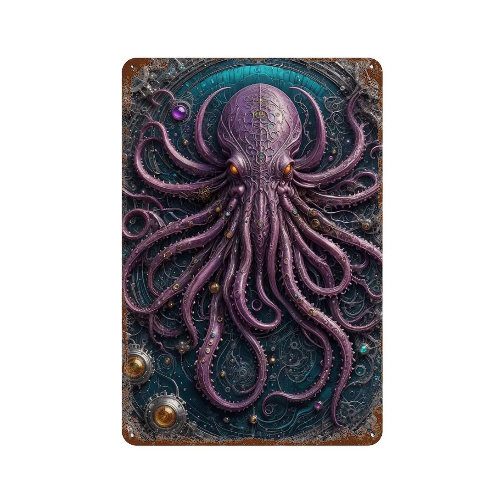 Distressed Metal Wall Sign with Steampunk Cthulhu Design 11.8"x7.9", for Cafe, Home Bar And Lounge Decor, Retro Wall Decor