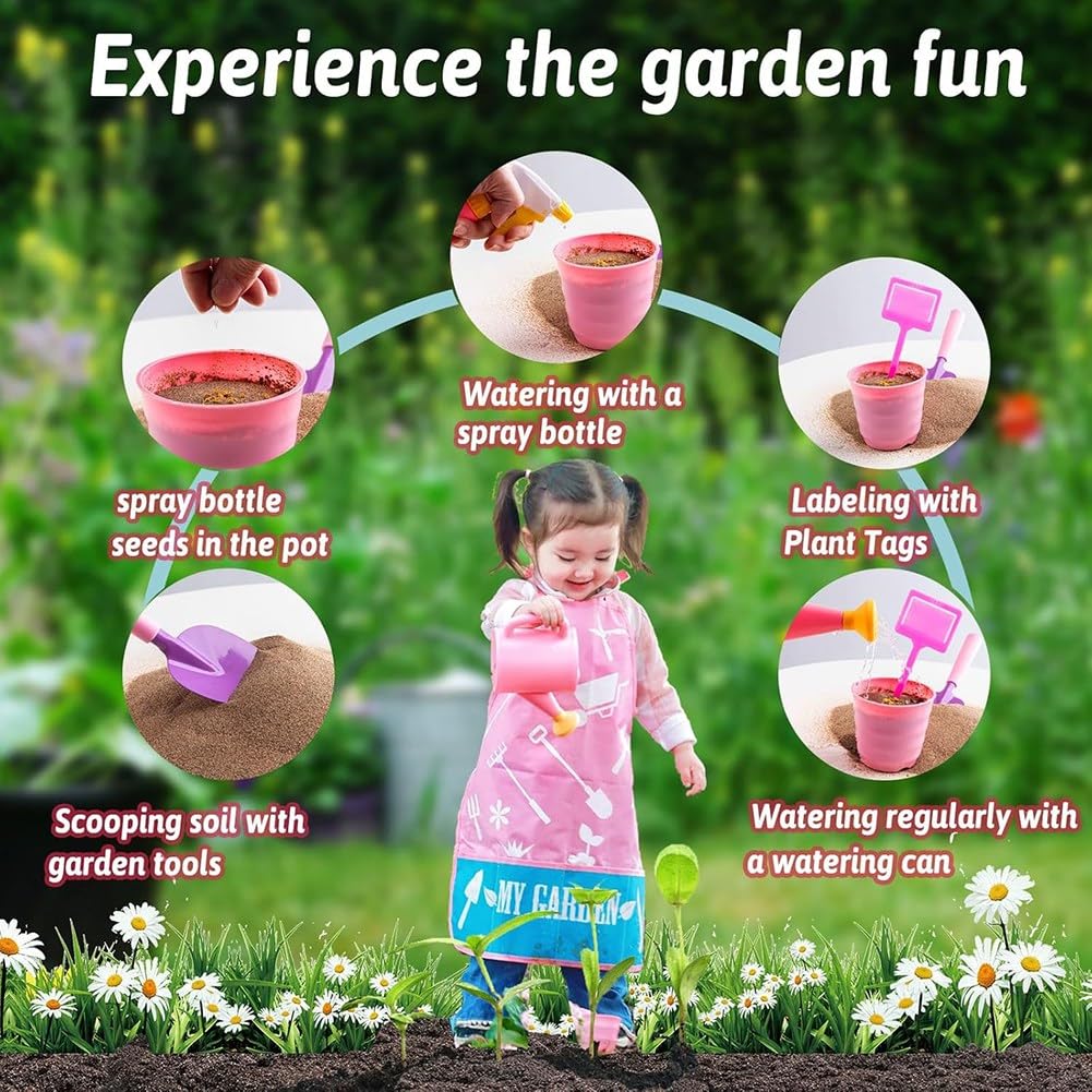 Ensemble D'Outils de Jardin pour Enfants Rose - Râteau en Métal, Pelle, Transplantoir, Arrosoir, Sac Fourre-Tout et Kit DIY Jouet D'Extérieur.