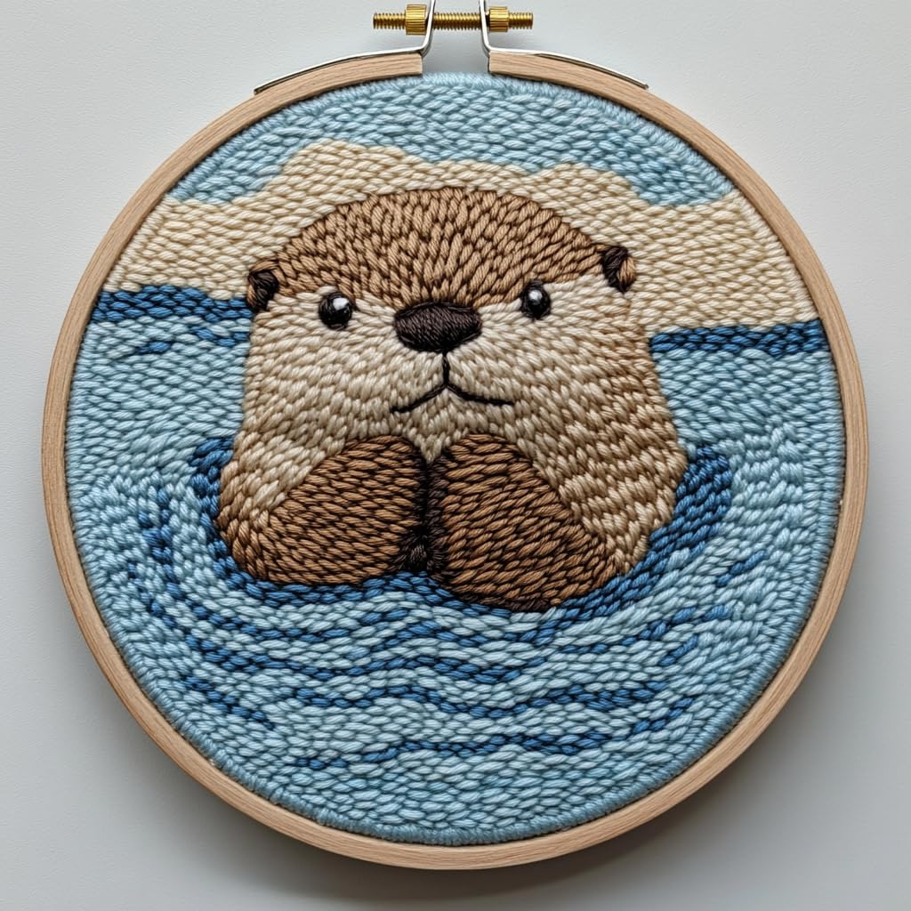 Punch Needle kit for Beginners, Punch Stitching kit for Adults, Needle Punch Kits for Adults – A Water Otter with Hands Raised in The Water Punch Needle Set