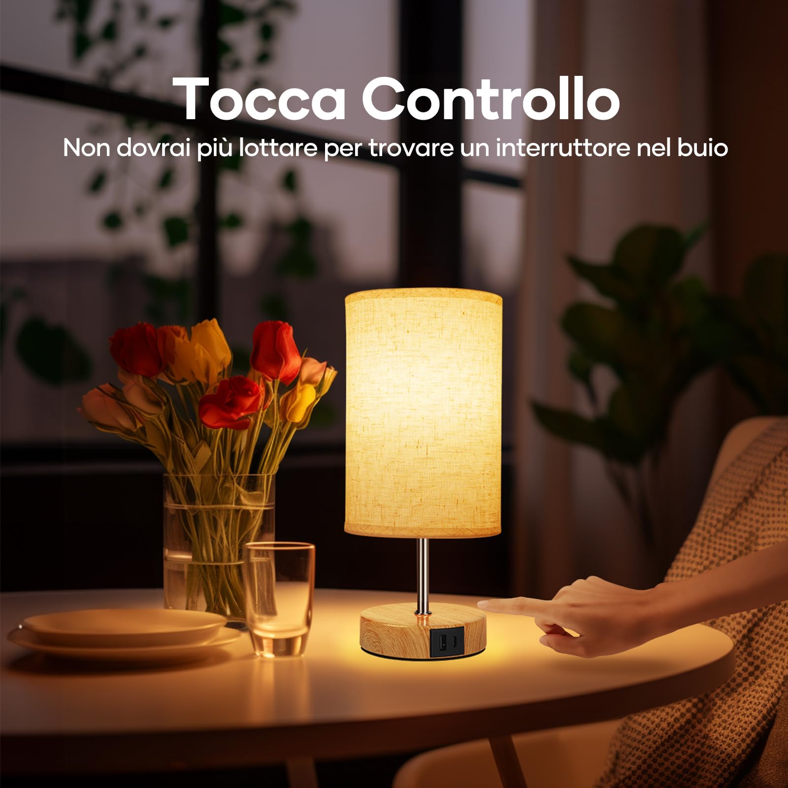 Suright Lampada da Comodino Touch Dimmerabile Set di 2, Abat Jour da Comodino con Porte di Ricarica USB A+C, Lampada da Tavolo Piccola per Camera da Letto Soggiorno (Lampadina Inclusa)