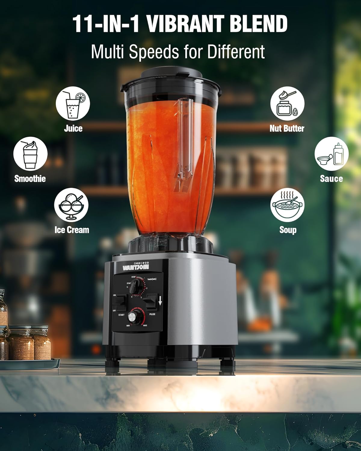 WantJoin Commercial Blender showing various blending functions like juice, smoothie, ice cream, nut butter, sauce, and soup