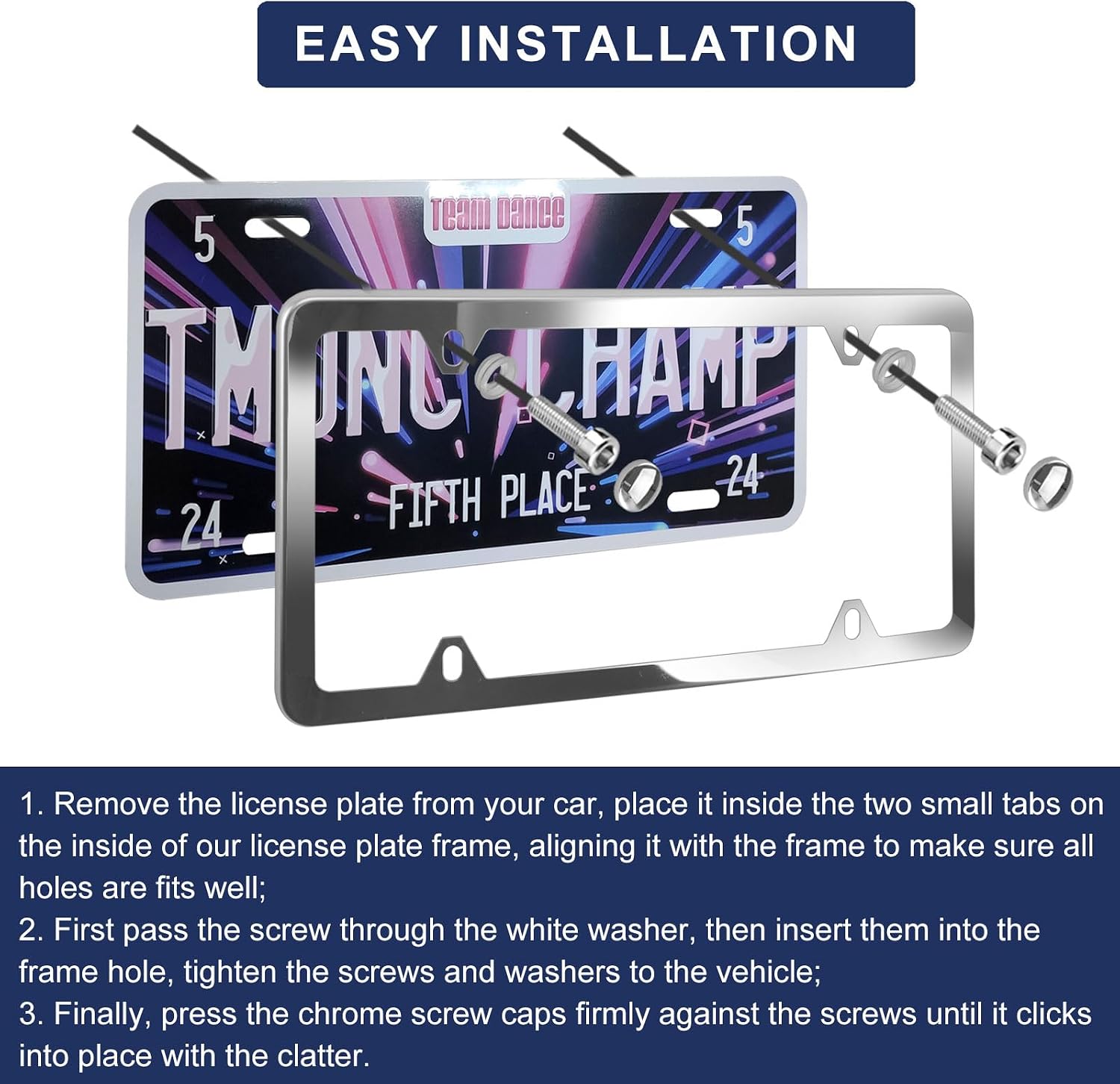 Stainless Steel License Plate Frames Chrome Fit Standard US License Plate, 4 Holes Rustproof License Plate Holders with Silver Screw Caps, Pack of 2