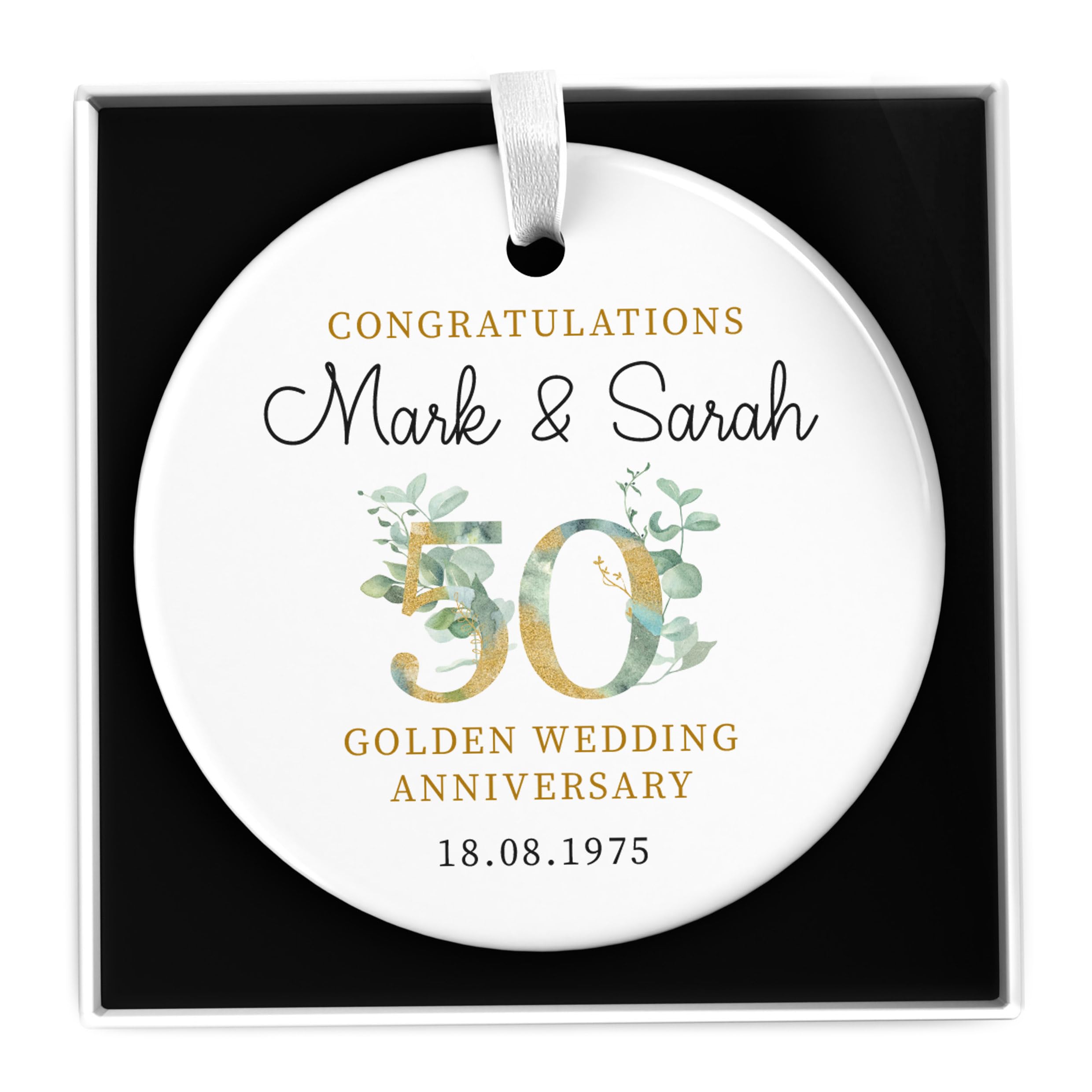 Beecreative Personalised 50th Golden Anniversary Keepsake Present - Congratulations 50th Wedding Anniversary Gift Parents, Grandparents - 50 Years Married - Ceramic Ornament With Gift Box