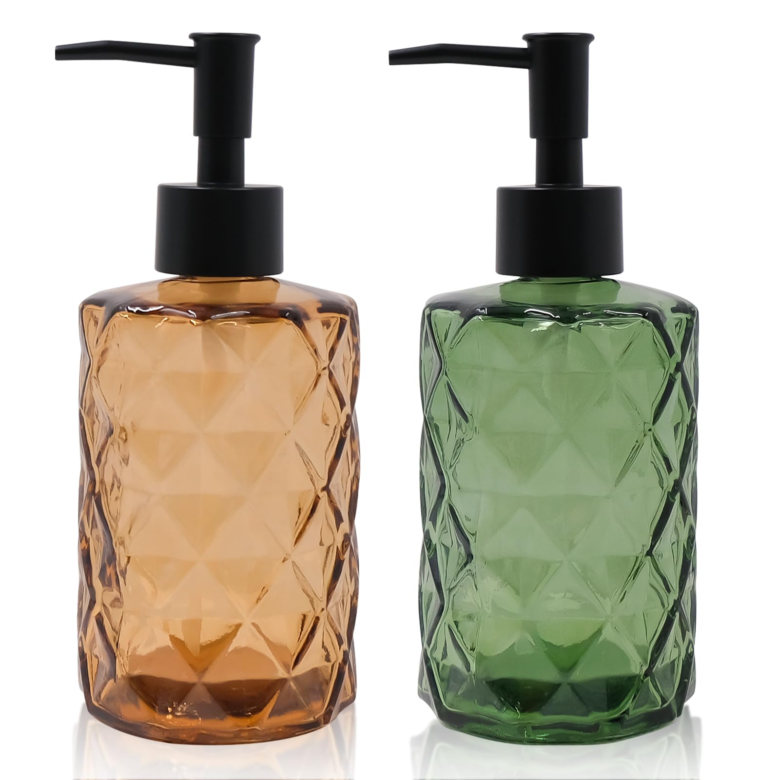 2 dispensadores de jabón de cristal para baño y cocina, 330 ml, rellenable, botella de cristal transparente con bomba negra para lavavajillas, aceite esencial, champú loción