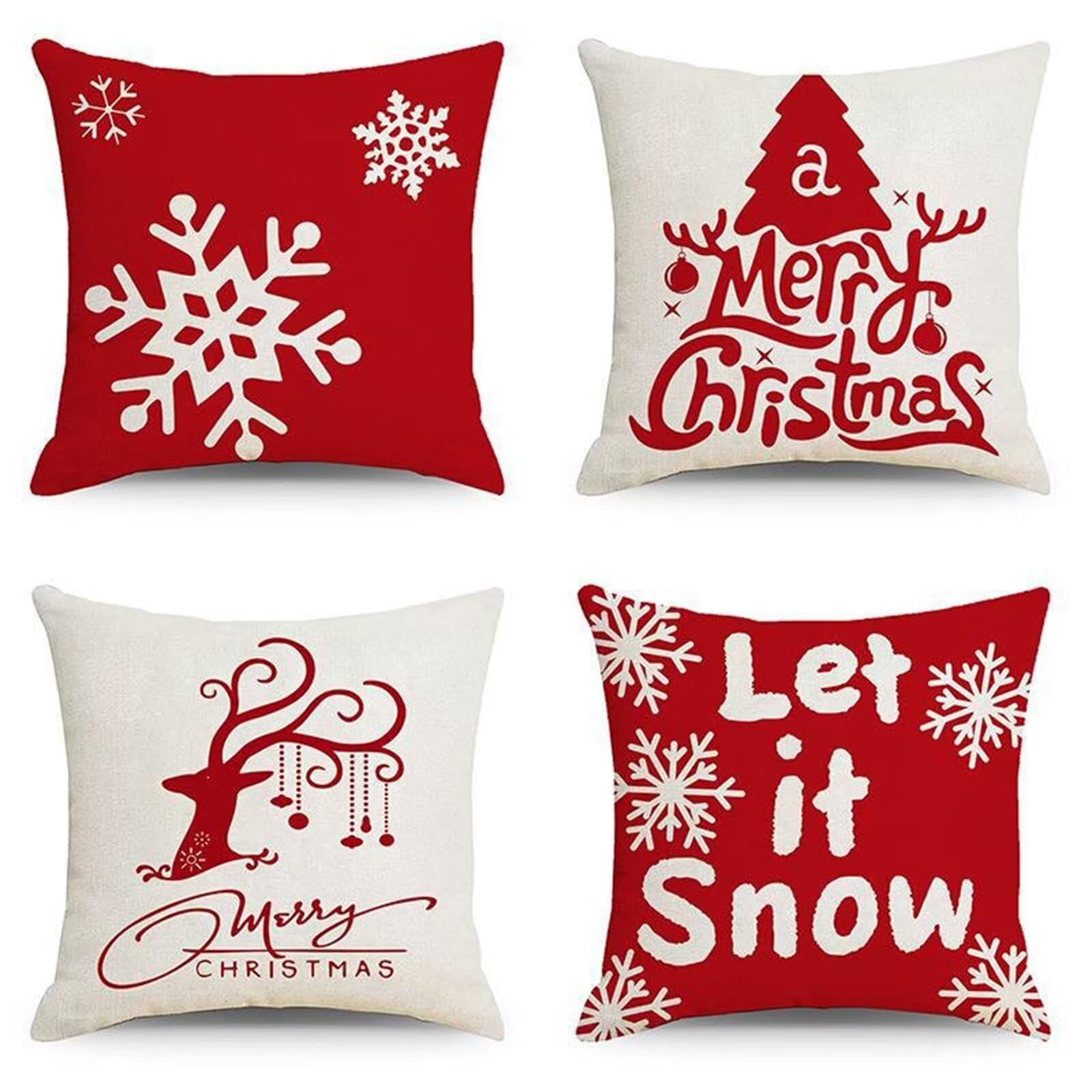 Housse de coussin Noël 50x50 rouge en lin, lot de 4 parures double face pour salon