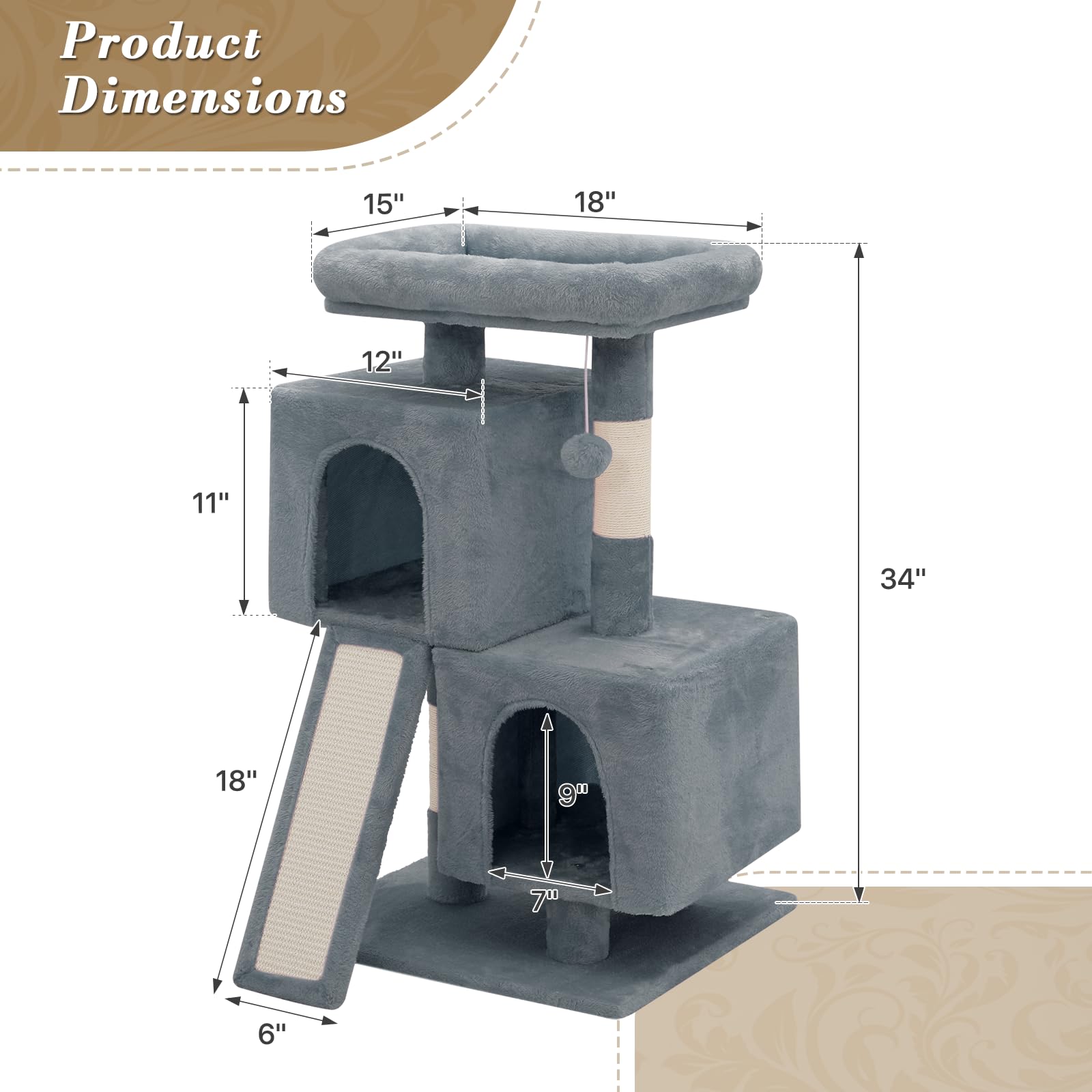 Athena Collection Cat Tree, 34 Inch Cat Tower for Indoor Cats, Multi-Level Cat Tree Tower Activity Center with Cat Scratching Post & Dangling Ball & Cat Condo, Cute Cat Tree, Light Gray