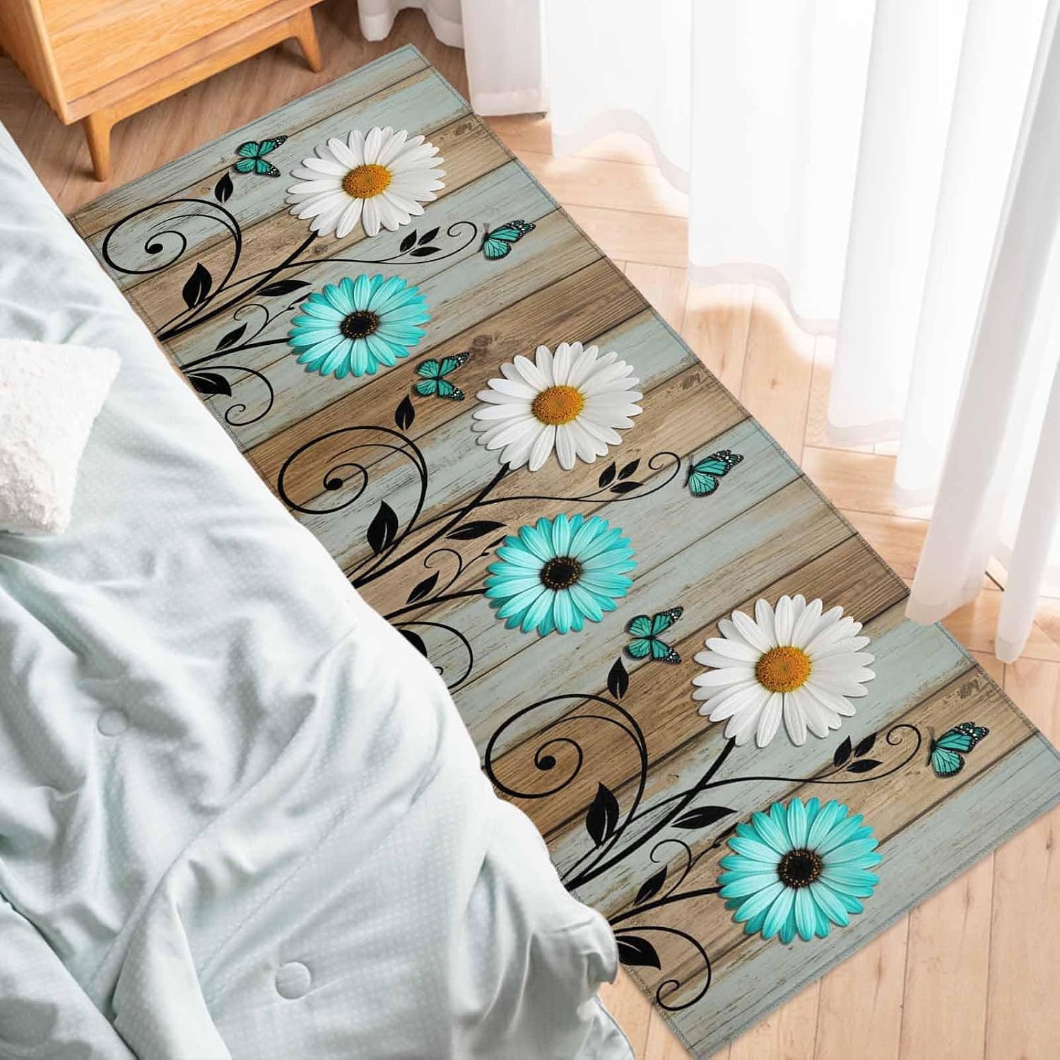 Kitchen Mats for Floor Summer White Teal Daisy Flower Washable Non Slip Kitchen Rugs 1PCS, Farmhouse Butterfly Wood Board Absorbent Standing Mats for Sink Bathroom Office Living Room 15.7x47.2in