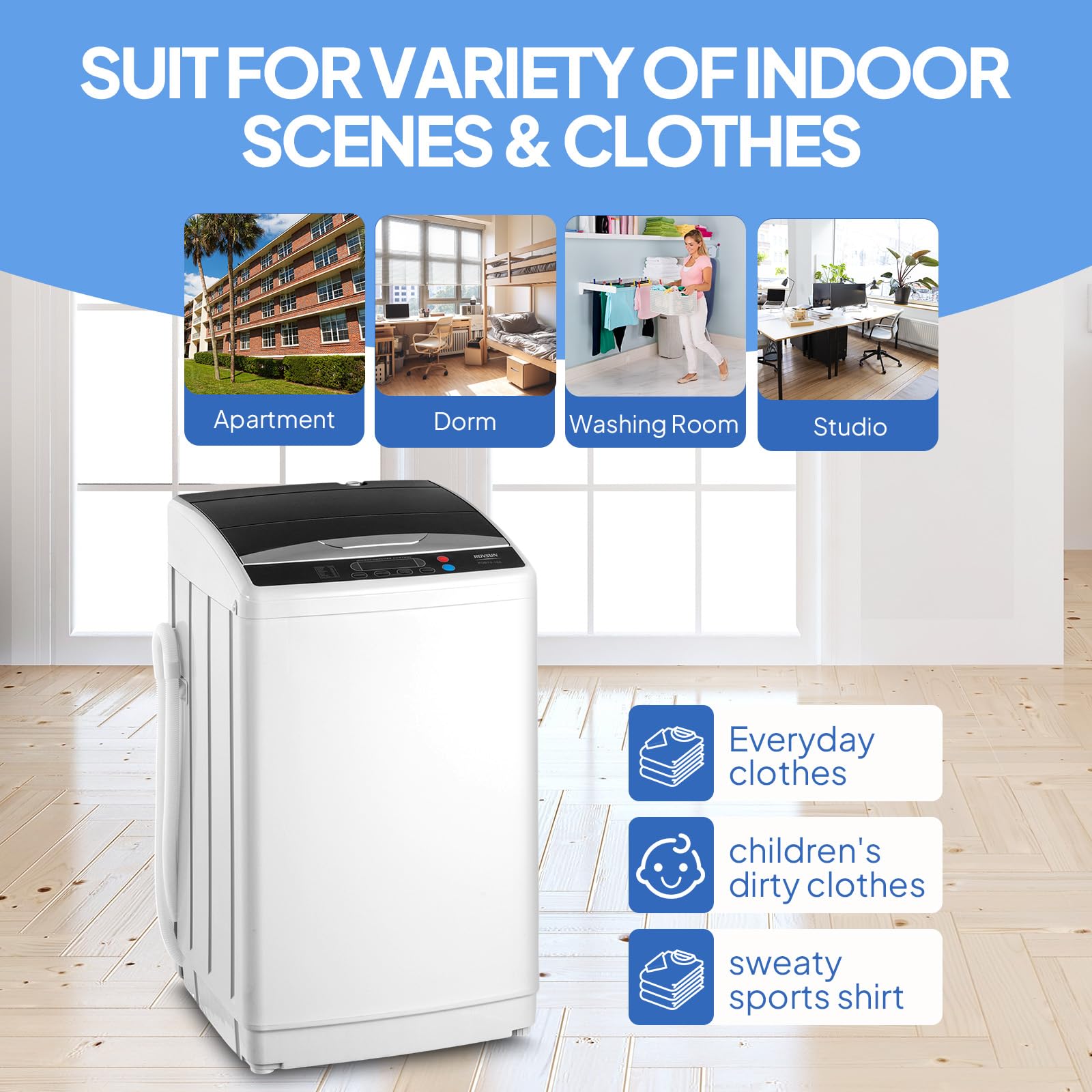 ROVSUN Lavadora de carga superior de 7 kg, lavadora de carga superior pequeña con 8 programas de lavado y 5 niveles de agua, temporizador de 24H, 60-70 dB, lavadora pequeña de 51 × 47 × 87 cm (7 kg)