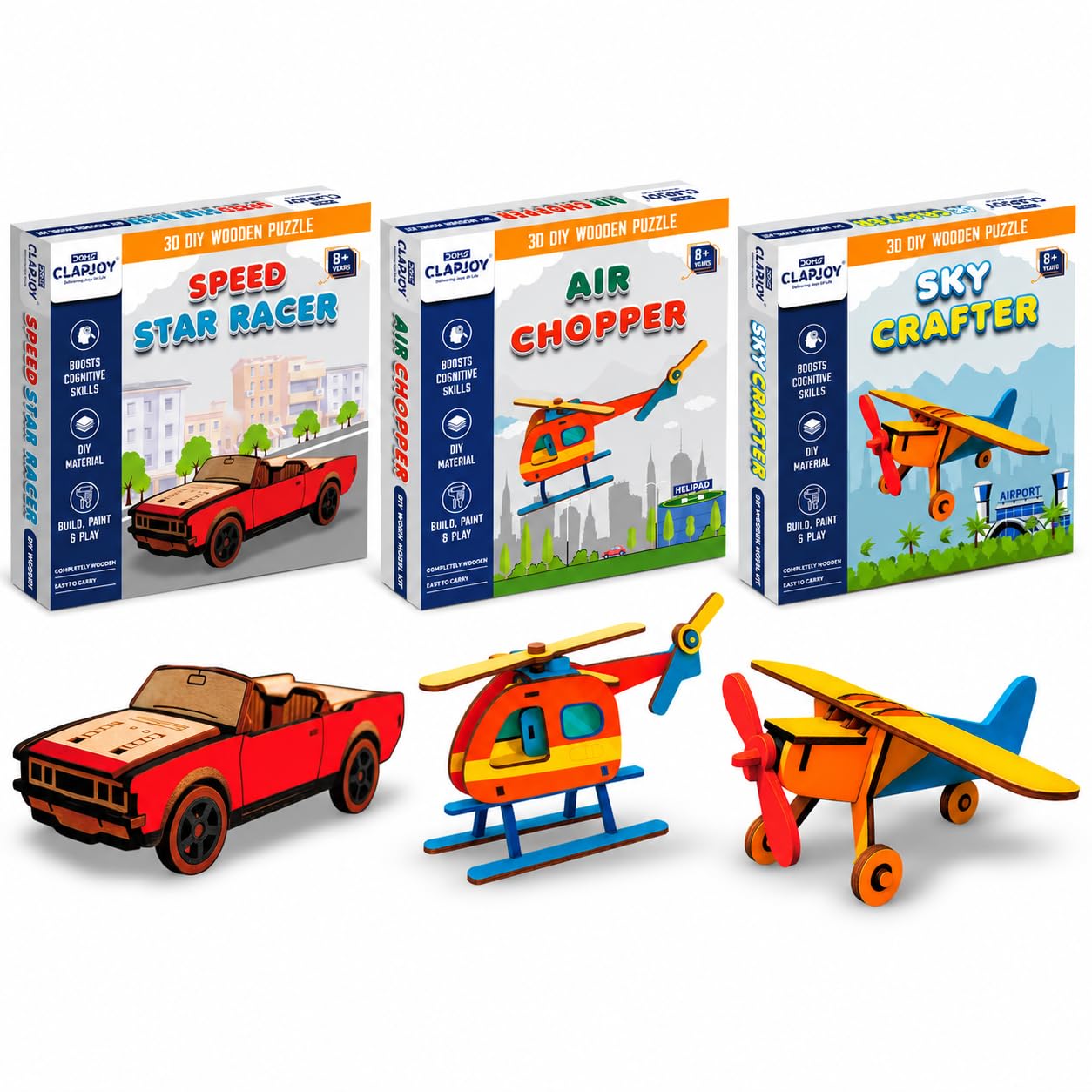 clapjoy 3d diy wooden puzzle craft kit combo for kids 8+ years – speed star racer, air chopper & sky crafter – build, paint & play creative stem activity set, birthday gift for boys & girls