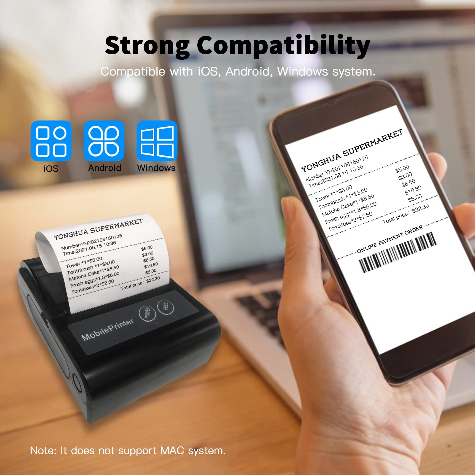 80 mm kabelloser BT Thermodrucker, Tragbarer persönlicher Rechnungsdrucker, Mini USB BT POS-Drucker, kompatibel mit Android/iOS/PC/Windows/Linux