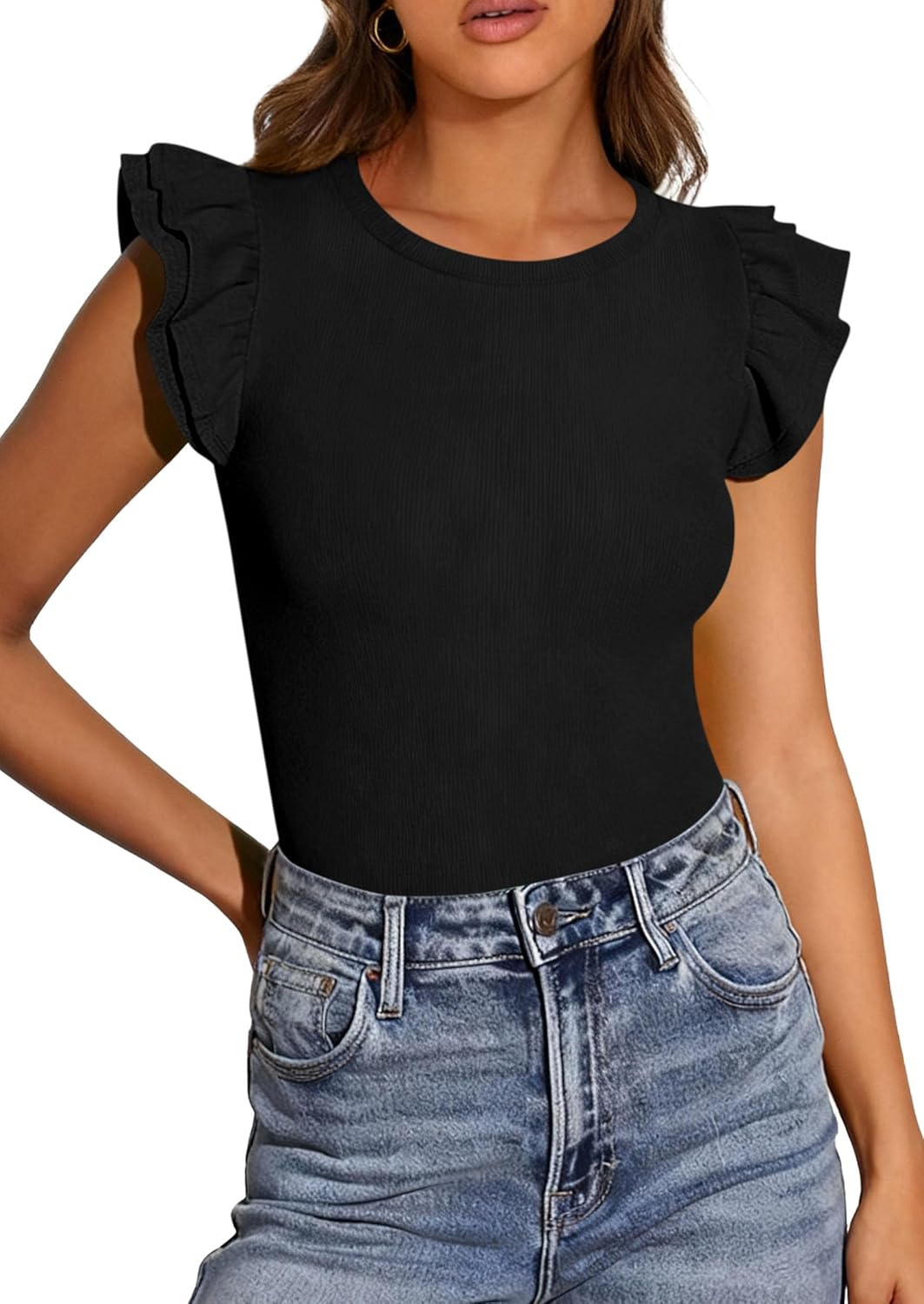 PRETTYGARDEN Womens Summer Crew Neck T Shirts 2026 Trendy Ruffle Sleeve Slim Fit Knit Going Out Tops Casual Spring Clothes - Image 7