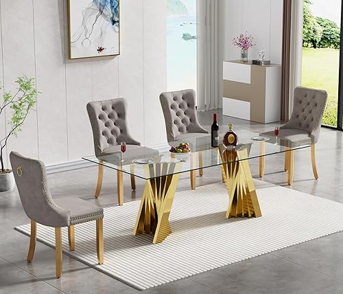 Miniatura 57 de SSLine Moderno juego de mesa de comedor de cristal de 7 piezas para 6 mesas de cocina y sillas de cristal dorado de lujo para 6 elegantes mesas de