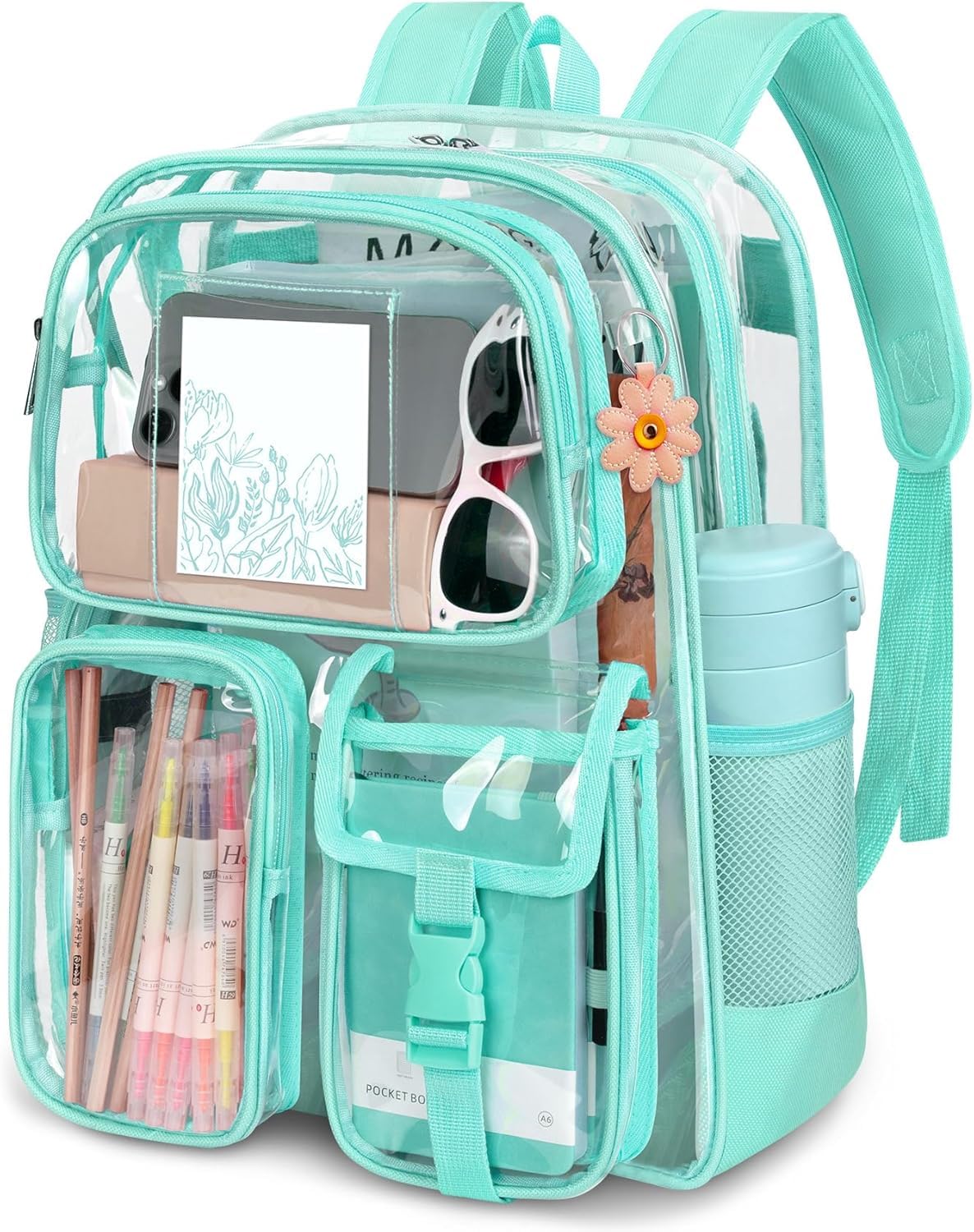 Attmu Clear Backpack for School, Heavy Duty PVC Transparent Bookbag with Reinforced Straps Stitches, Clear Bag for Stadium Events Girls Boys, Large