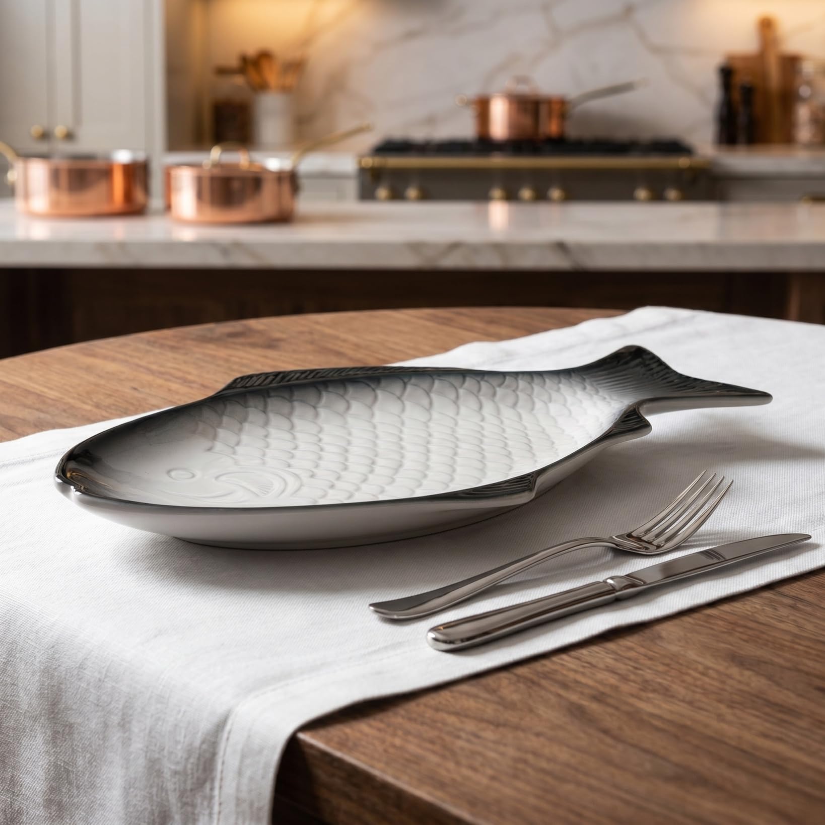 ULTECHNOVO Servierplatte Fisch 28cm, Fischplatte Porzellan für Ganzen Fisch wie Forelle, Fischteller Porzellan Groß für Abendessen, Servierteller Keramik Oval für Beilagen & Snack