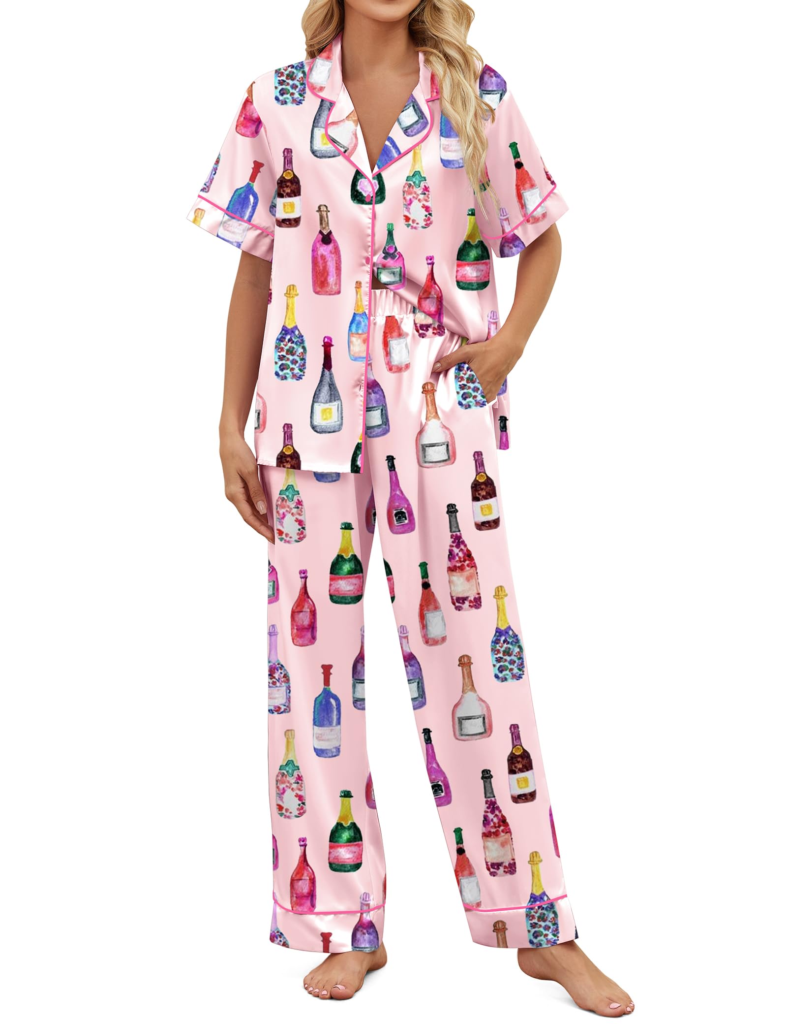 SHESHOW Satin Pajamas for Women Set Button Down Sleepwear Print Pjs Set 2 Piece Short Sleeve Long Loungewear Size XS-XXL