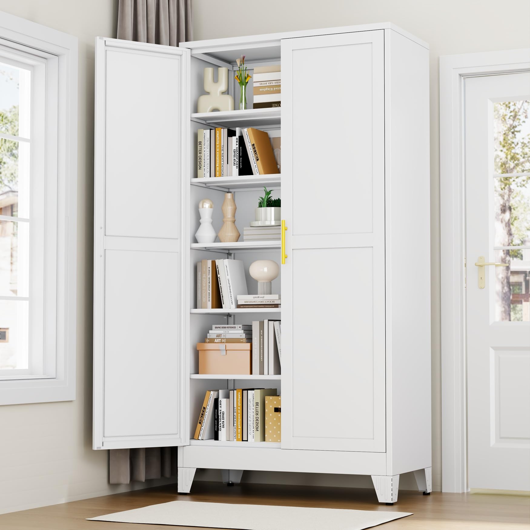 White Metal Storage Cabinet, 79" Kitchen Pantry Cabinets for Office