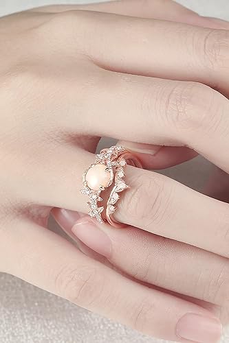 Vista 2 de Juego de anillos de boda de ópalo redondo inspirado en la naturaleza para mujer, 2 piezas de anillos de compromiso de ópalo de 1 quilate en plata