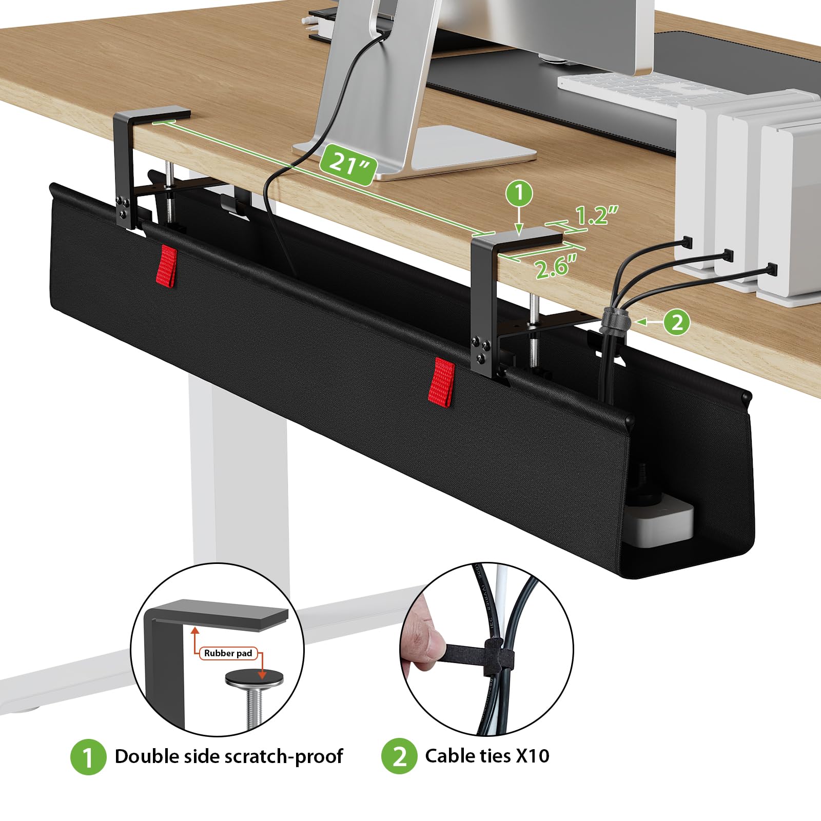 KEEGH Bandeja grande de gestión de cables debajo del escritorio de 36 pulgadas, organizador de cables debajo del escritorio, soporte de abrazadera/tornillo, soporta hasta 70 libras, gestión de cables