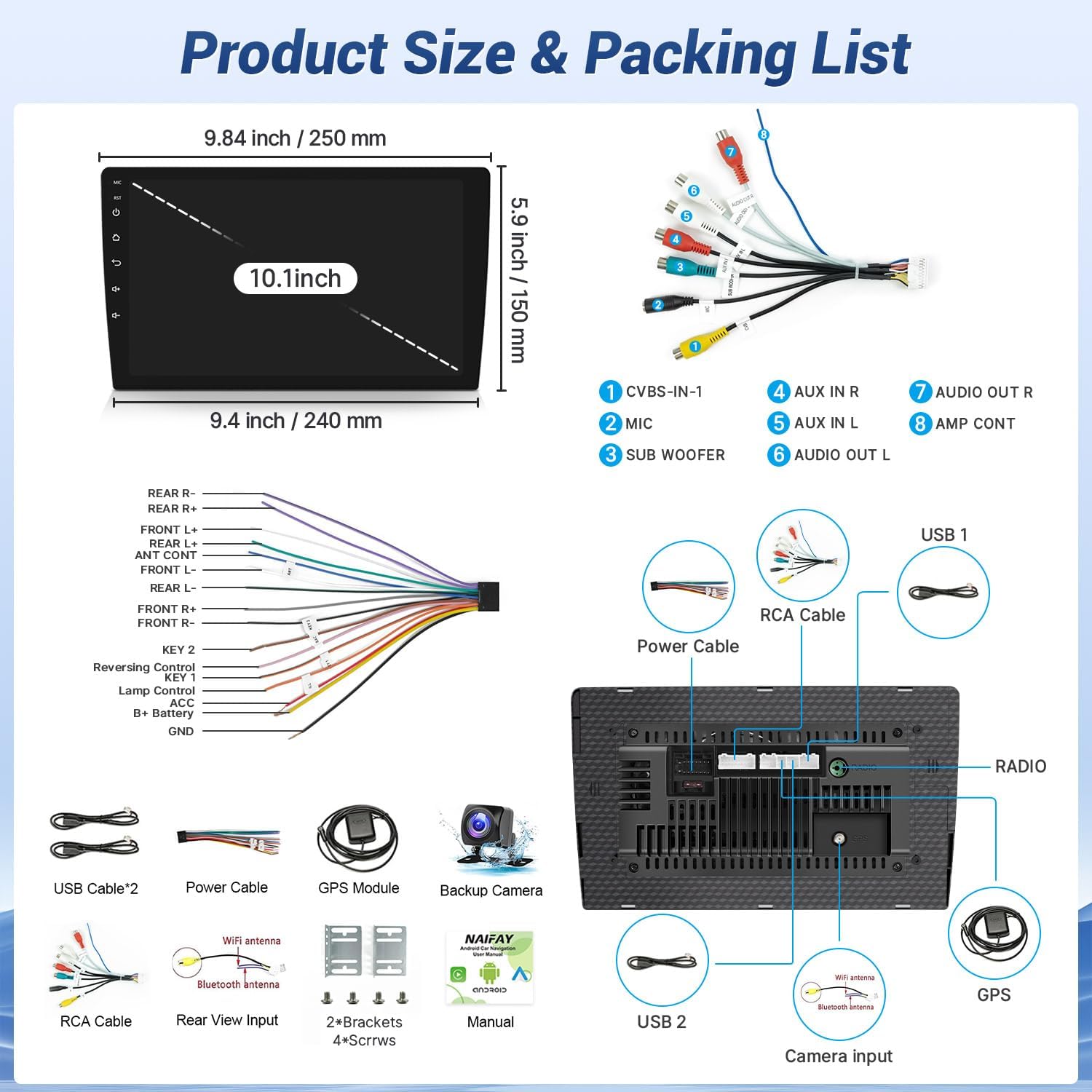 Naifay Android 12 Car Stereo Packing List and Wiring Diagram