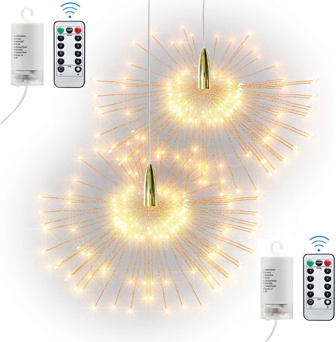 200 LED Firework Fairy Lights, Hanging Starburst Copper Wire Twinkle String Light, Waterproof, Battery Operated, Remote Control, Indoor Outdoor Garden Wedding Christmas Party Decor (2PCS Warm White)
