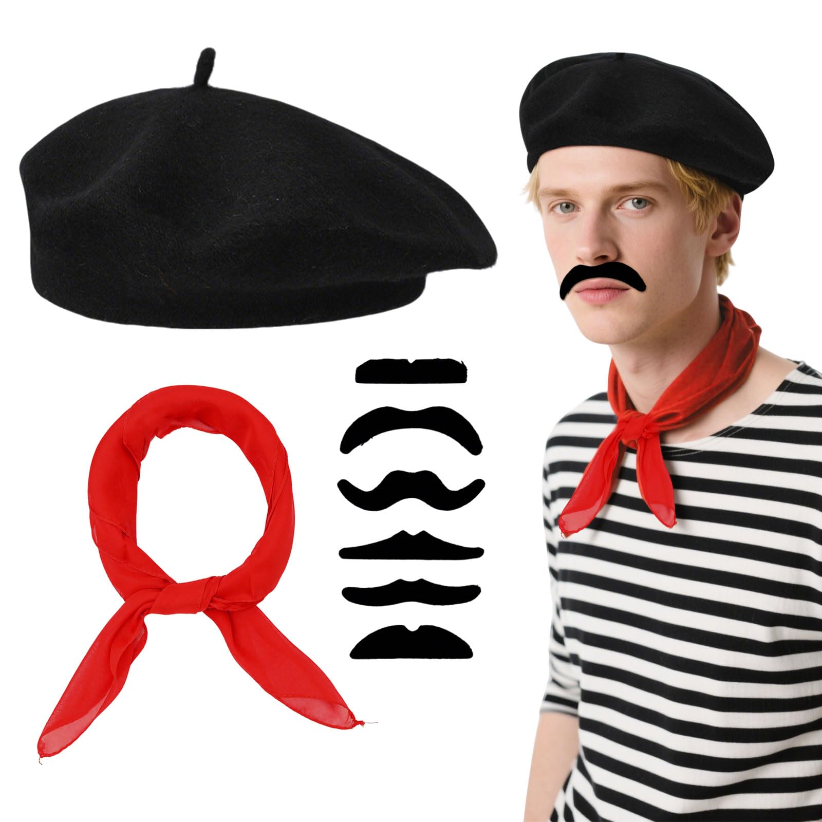 Unisex Adult 8 Piece French Costume Accessories Set with Beret, Mustache, Scarf, Artist Costume