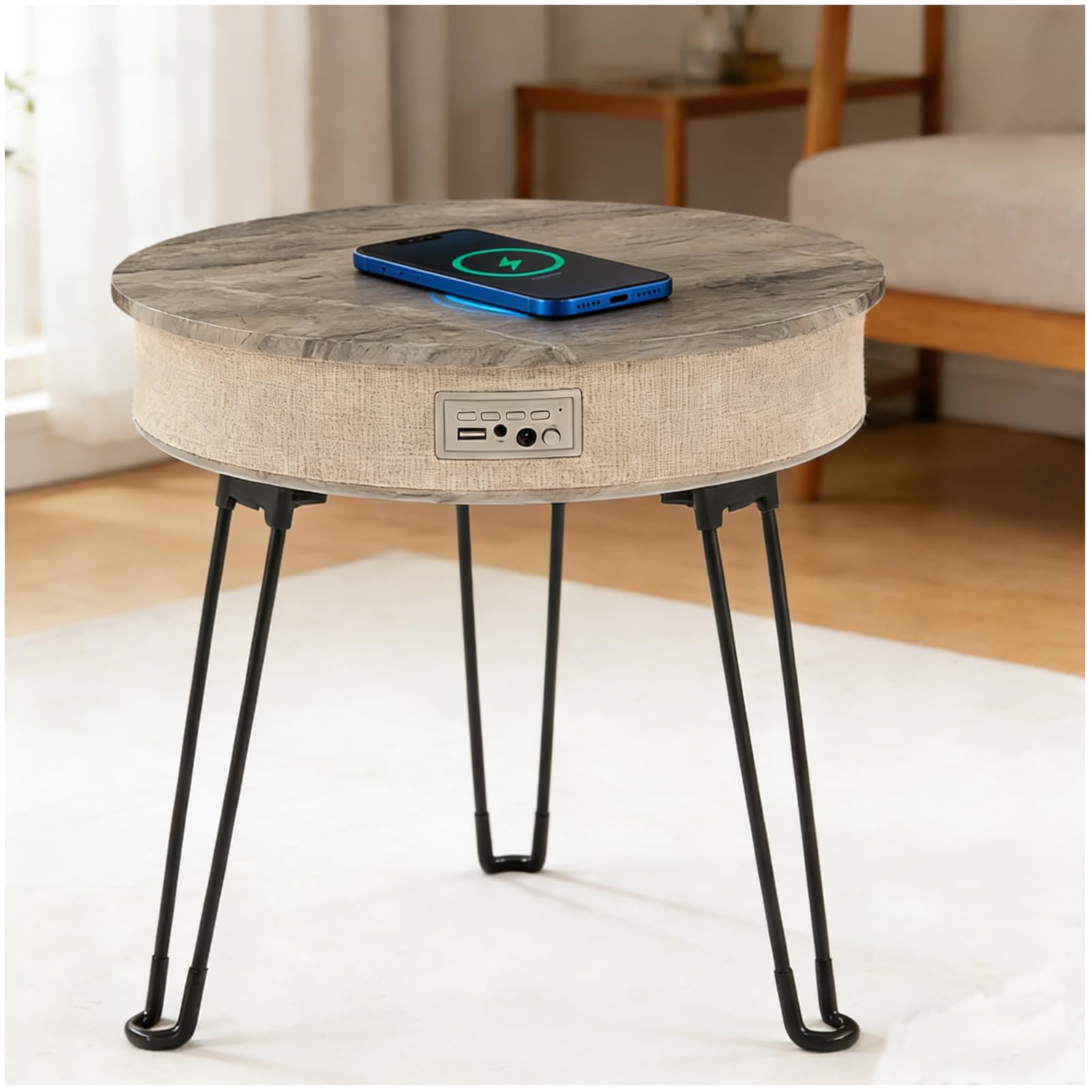Louis Donné LED Beistelltisch mit Bluetooth Lautsprecher, Klappbarer Edelstahl Tisch mit Sensor Nachtlicht, Wasserdichter Outdoor Tisch für Balkon, Garten & Wohnzimmer, Akku 6–8 Std., Khaki