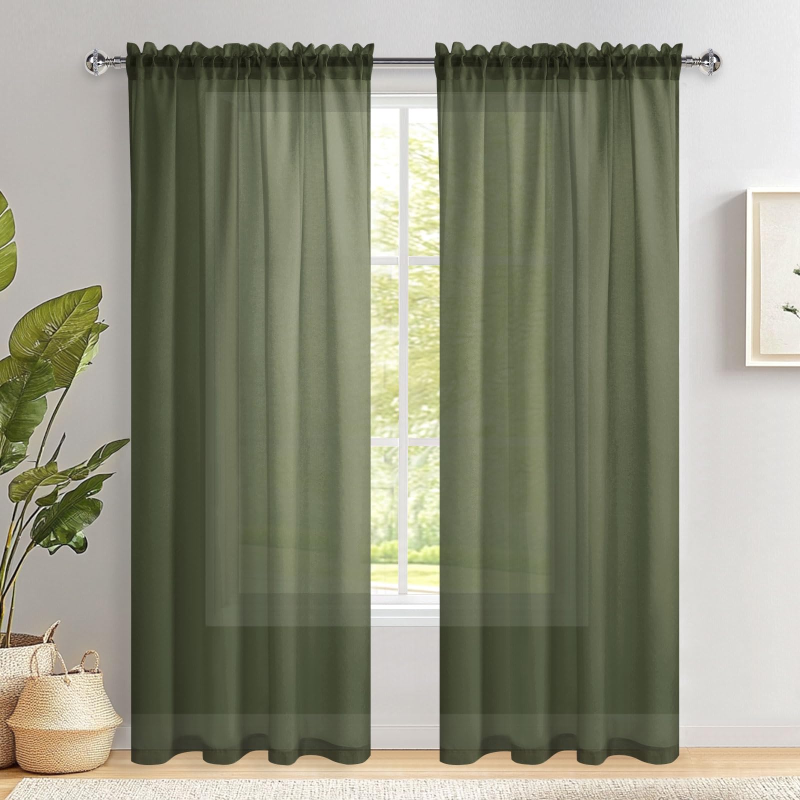 DWCN Green Net Curtains for Windows 90 Inch Drop, Rod Pocket Voile Door Curtains Semi-Transparent Panels for Living Room Christmas Elegant Home Decrotion Drapes for Bedroom, W55 x L90 Inch, 2 Panel