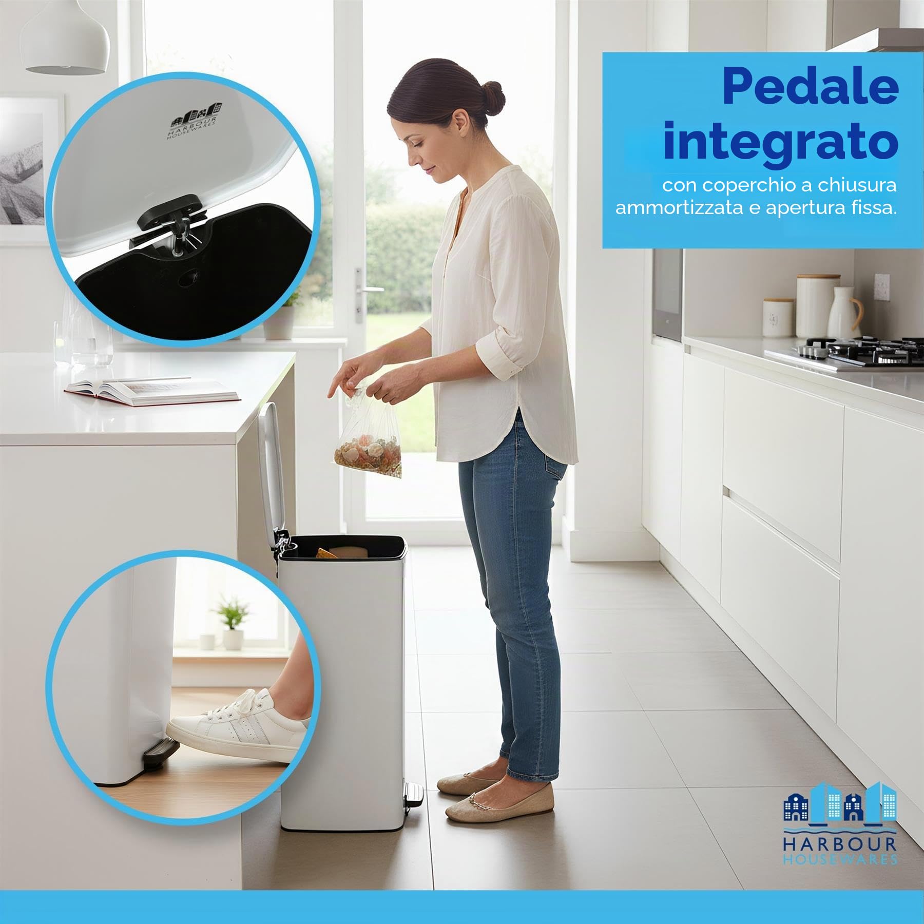Harbour Housewares 30L Pattumiera Quadrata in Acciaio Inox per Cucina a Pedale - Nero - 1x Chiusura Ammortizzata Grande Alto Metallo Credenza Cibo Sciupare Riciclaggio Cestino della Spazzatura