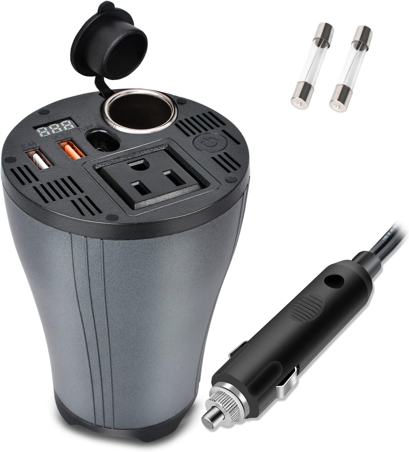150W Car Power Inverter, DC 14V to 110V AC for Tesla & 12V Vehicles, Cup Holder Design Car Charger with Type C Led Display Screen Dual USB Quick Charge 3.0 and AC Outlets Cigarette Lighter Outlet