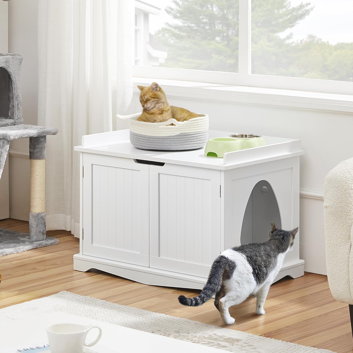 Yaheetech Cat Litter Box Enclosure, Hidden Litter Furniture, Cat Washroom, Pet Crate, Decorative Storage Bench Pet Side Table for Large Cat Kitty, White