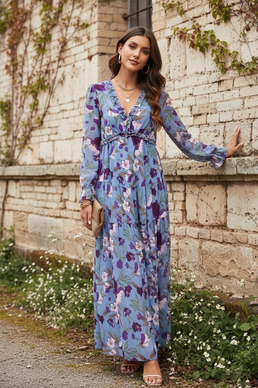 Women's Boho Floral Long Sleeve Maxi Dress, Deep V Neck Empire Waist Flowy Chiffon Dress for Wedding/Vacation/Party - Image 2